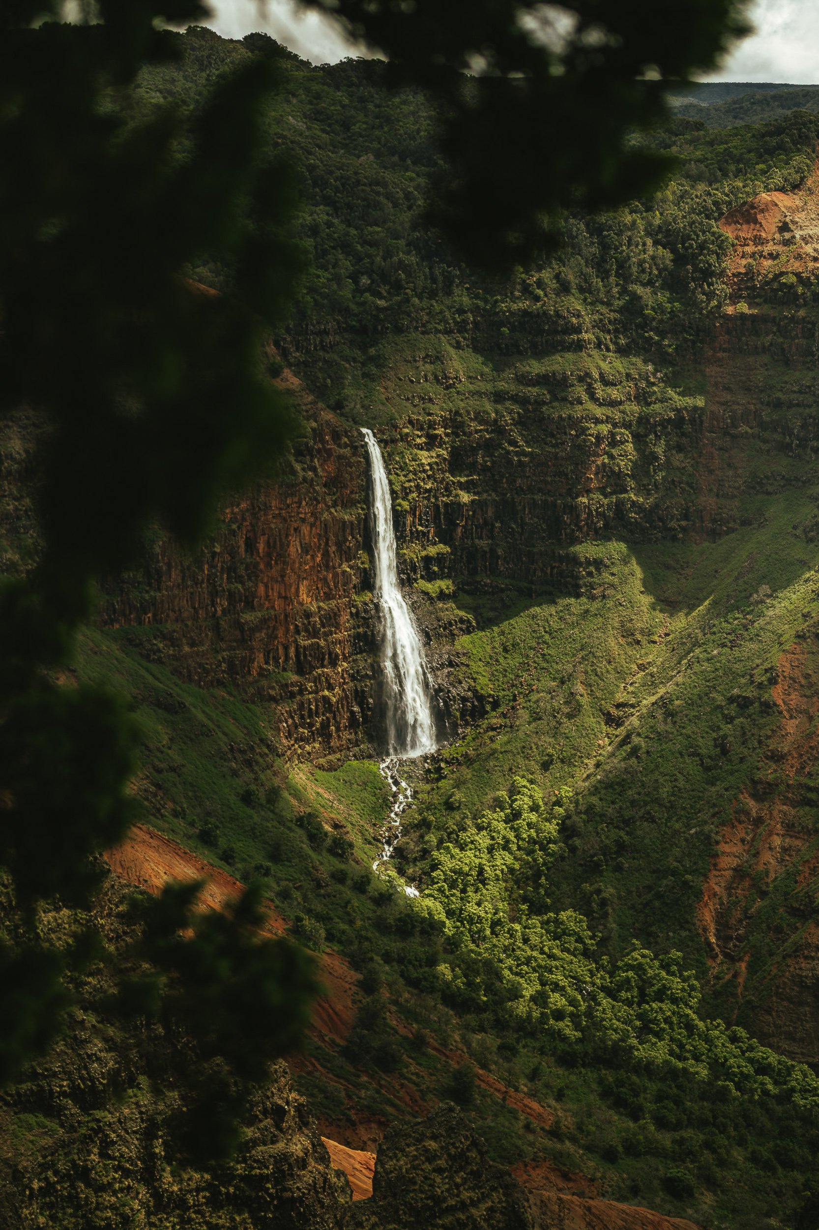 Waipoo Falls cascading down red and green canyon walls framed through tree branches at Waimea Canyon, Kauai Hawaii waterfall photography by James Brasier