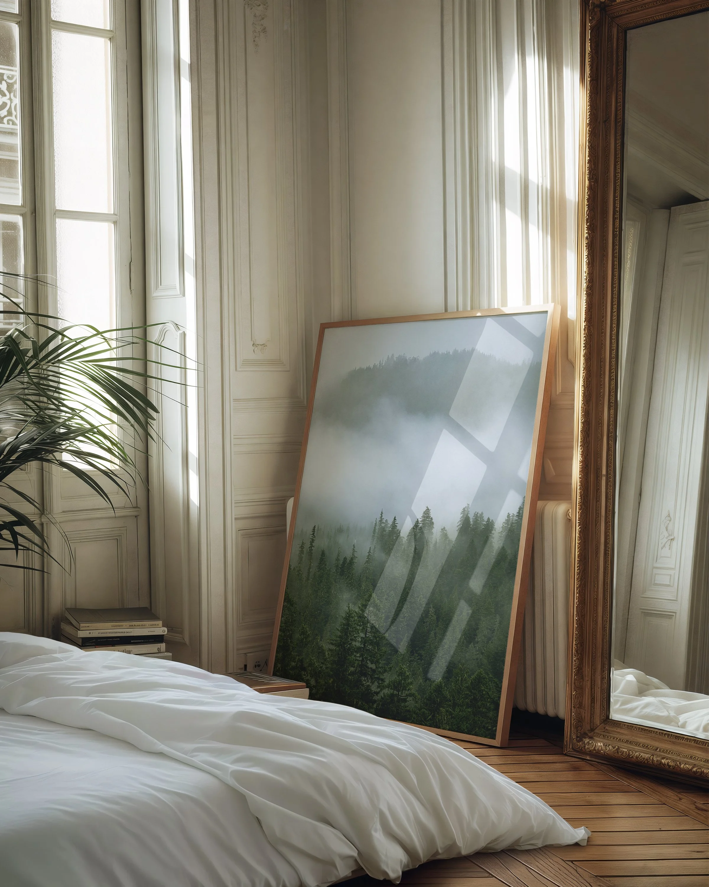 Fine art landscape photography print of foggy Pacific Northwest forest displayed in apartment setting, James Brasier Photography