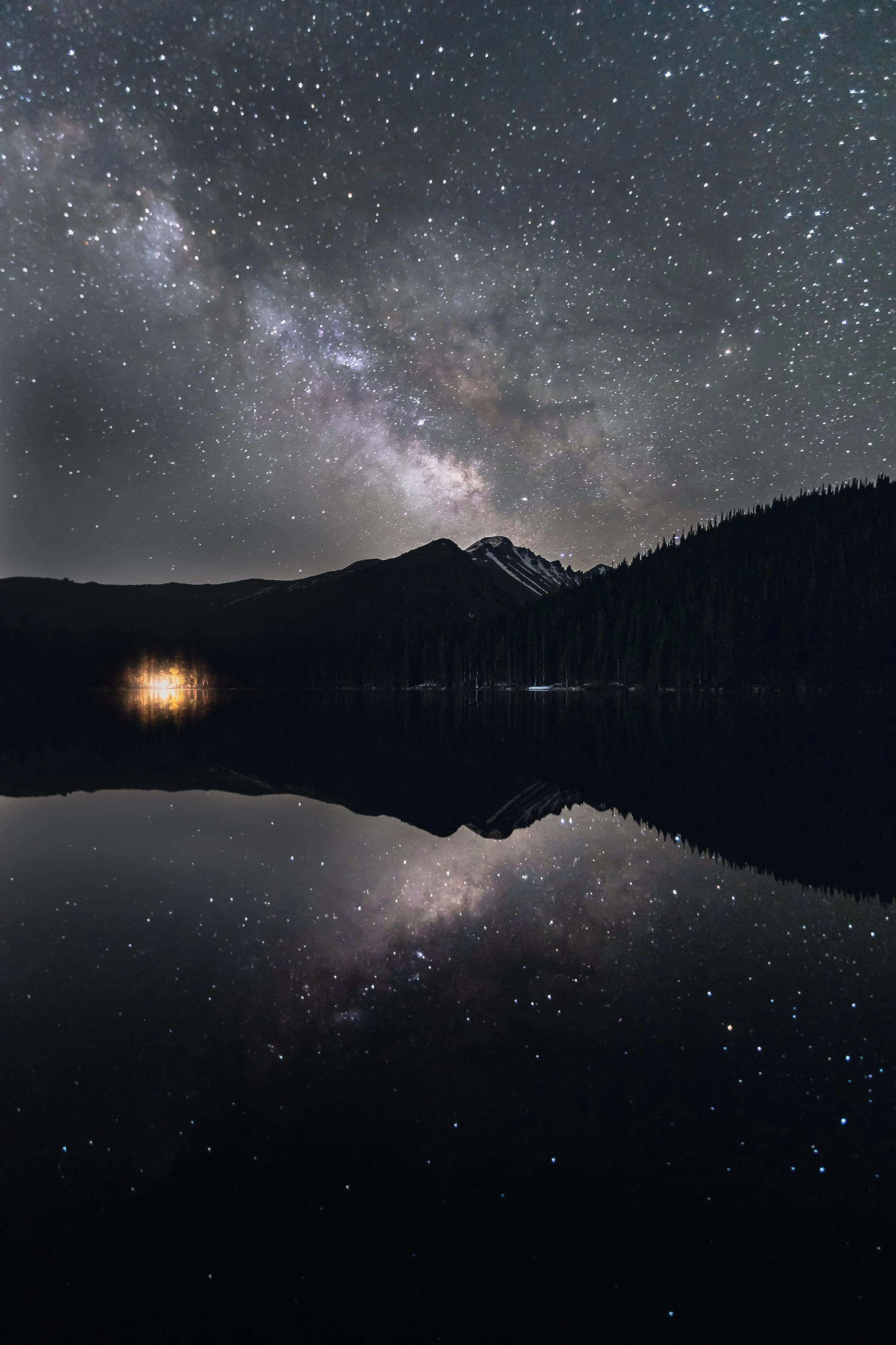 Milky Way reflected in Bear Lake at Rocky Mountain National Park Colorado, night sky astrophotography