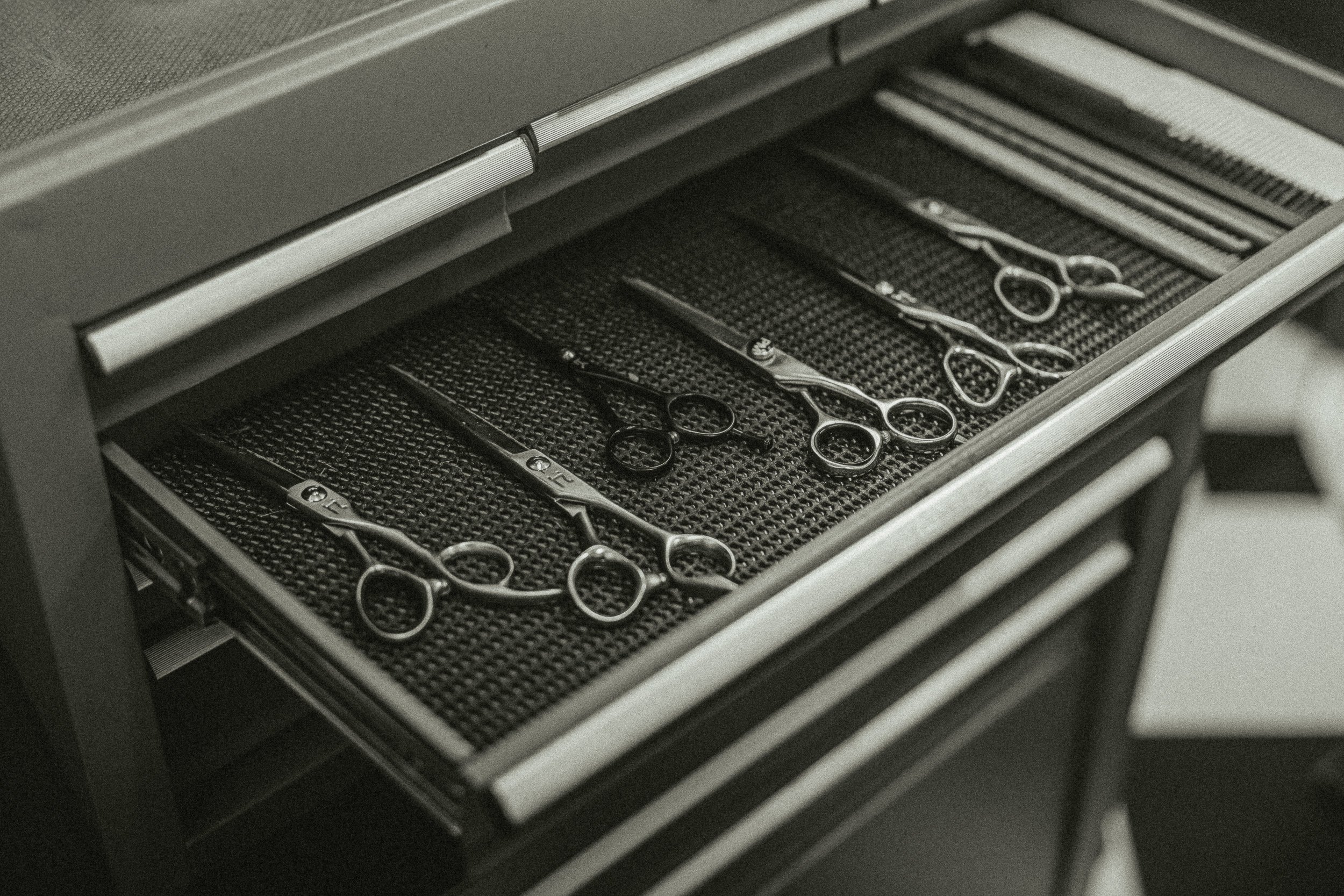 Open drawer of barber scissors and shears laid out on a mat at Artisan Grooming Parlor in black and white, editorial detail photography by James Brasier
