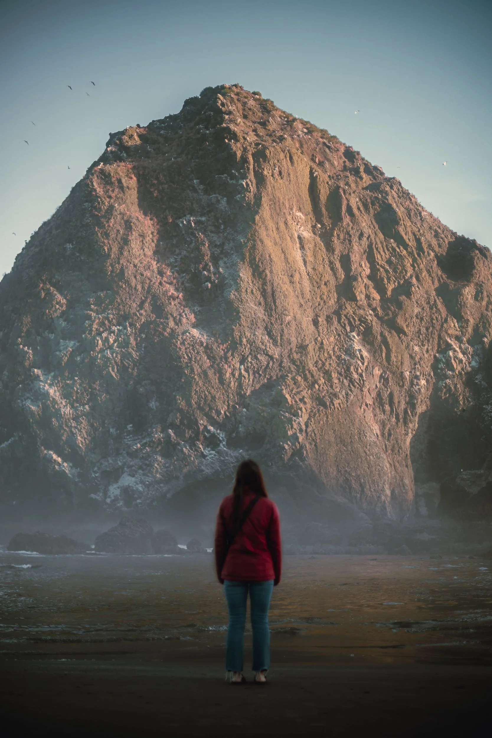 Person in red jacket standing on the beach facing Haystack Rock at Cannon Beach Oregon, Oregon Coast landscape photography by James Brasier