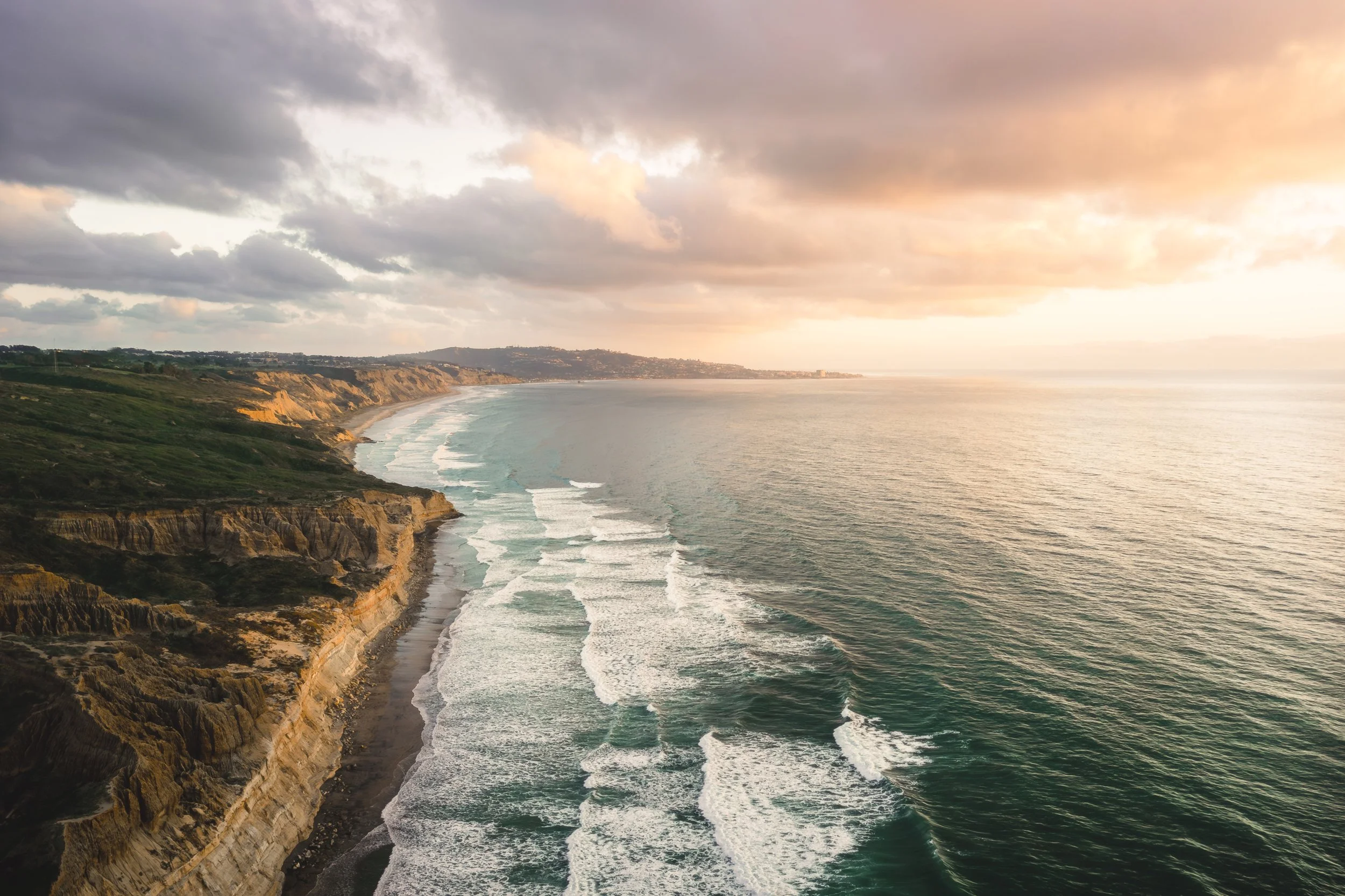 Aerial drone photo of La Jolla coastline at sunset, San Diego California, outdoor landscape photographer James Brasier