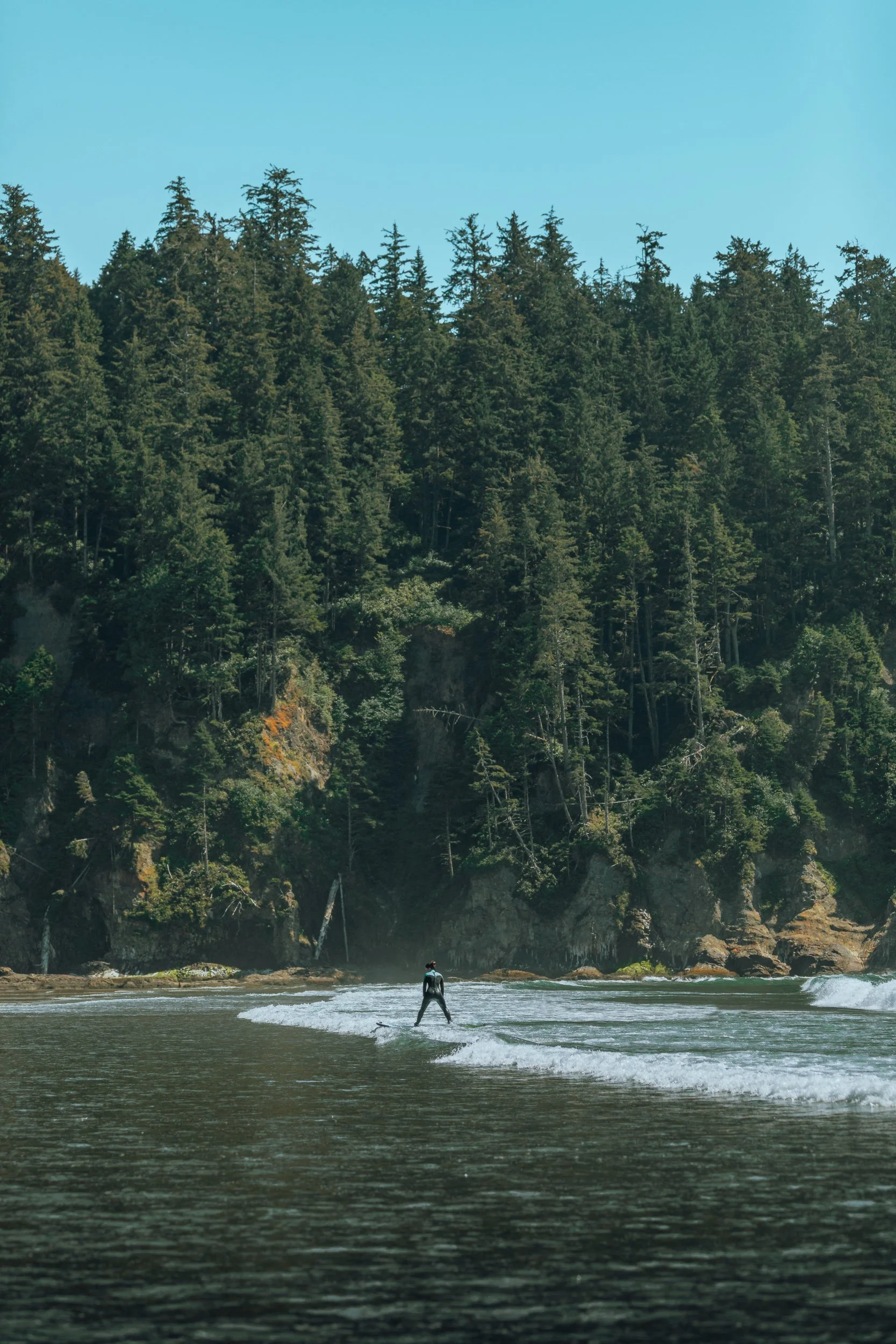 Surfer riding a wave in front of forest-covered sea cliffs on the Oregon Coast, outdoor adventure photography by James Brasier