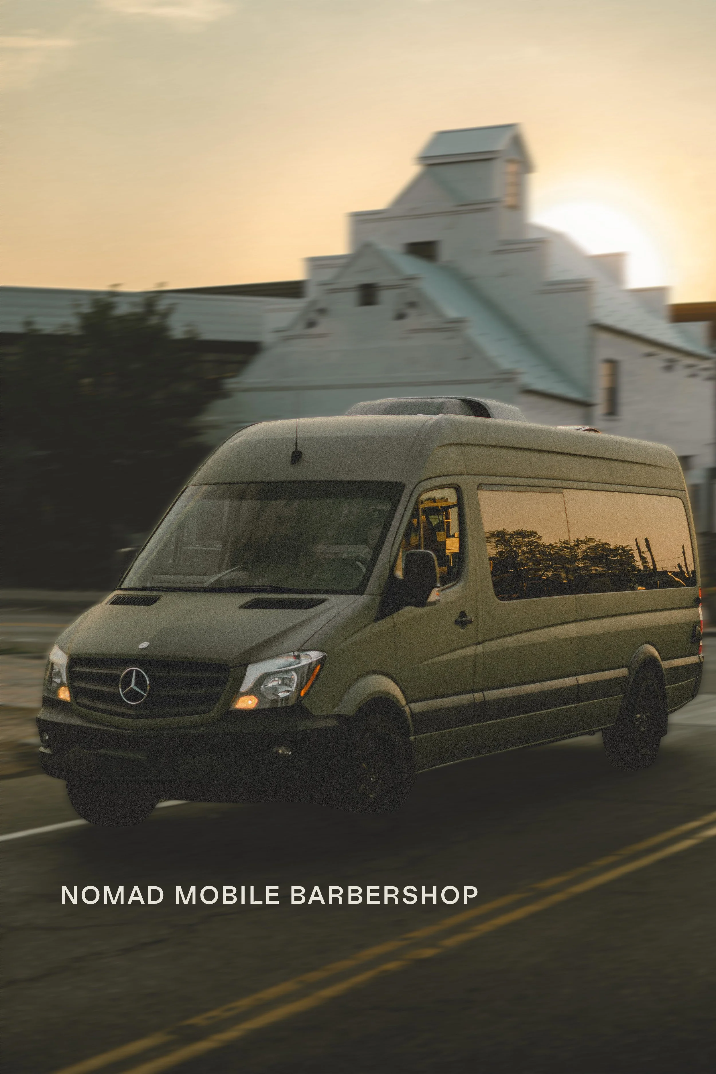 Nomad Mobile Barbershop van in motion at golden hour with motion blur on a Northern Colorado road, brand lifestyle photography by James Brasier