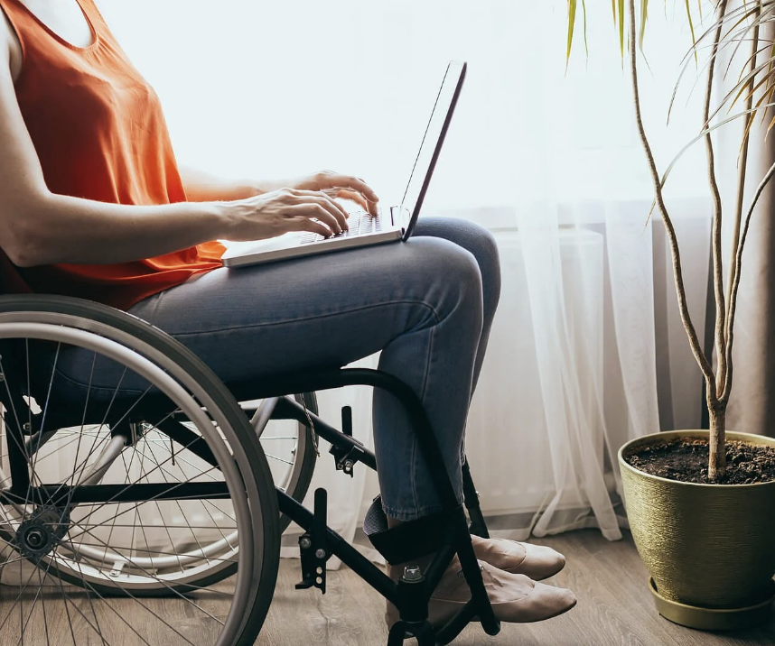 Person in a wheelchair using a laptop near a window with sunlight and a potted plant nearby.