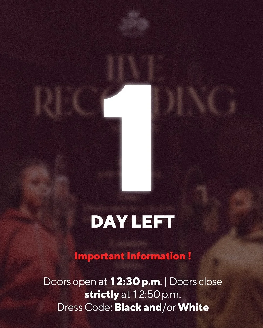 β¨ 1 DAY LEFT! β¨
Tomorrow is the moment we’ve been waiting for π
π€ LIVE RECORDING + π WORSHIP NIGHT
π Important Info (Live Recording):
• Doors open at 12:30 p.m.
• Doors close strictly at 12:50 p.m. (no late entry)
• Dres