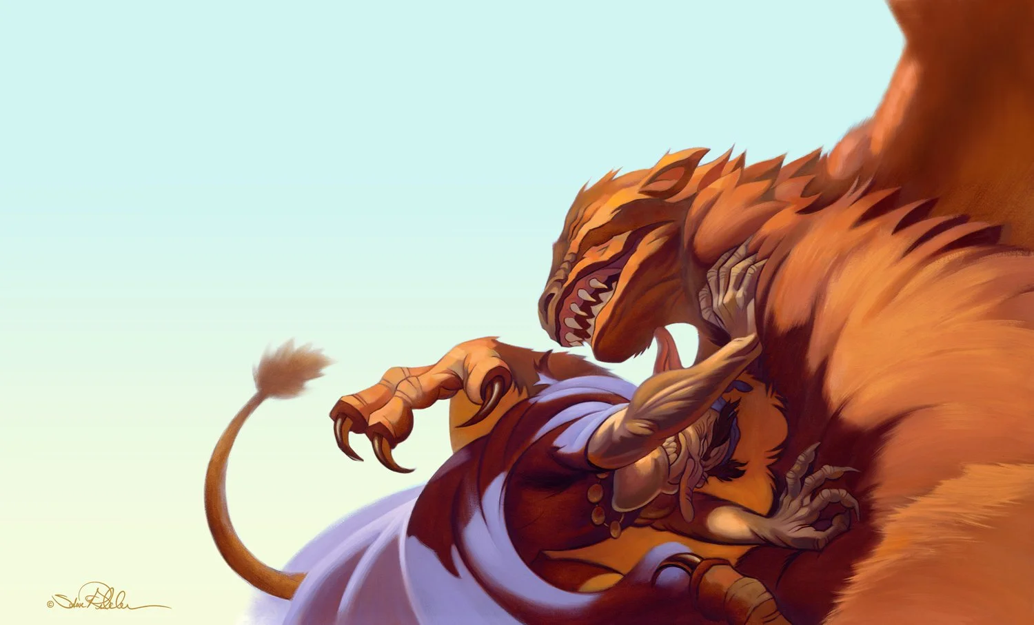 Oil painting of a brown furred creature battling a troll-like character with a tail in a purple cloak against a turquoise blue sky, from the book titled “Norbert Nipkin.”