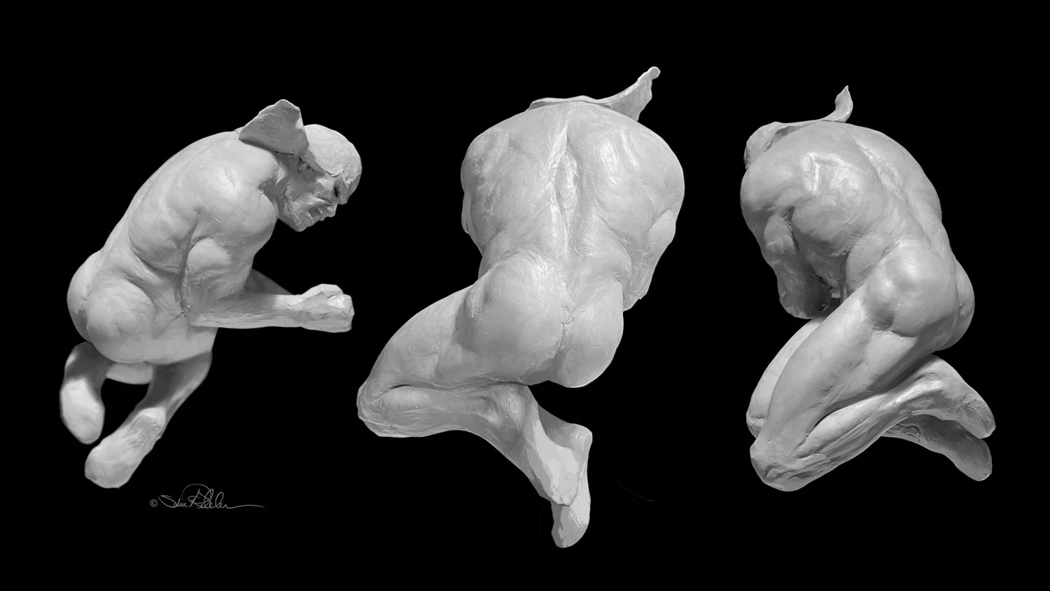 Sculpture in grey clay in three angles of muscular warrior leaping in the air in a strike pose.