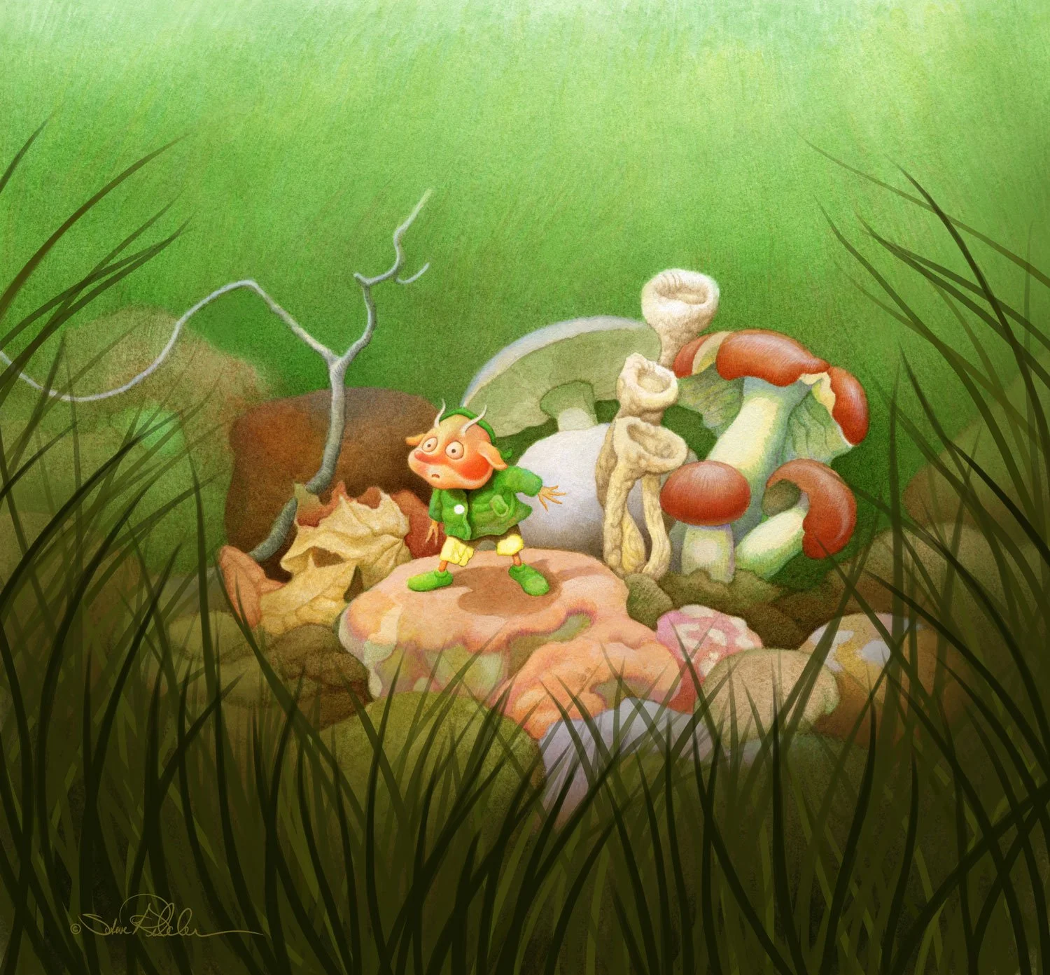 Acrylic painting of tiny elf like character named “Norbert Nipkin” in green and yellow clothes standing among a group of various shaped red and pink mushrooms in tall dark green grass, from the book titled “Norbert Nipkin.”