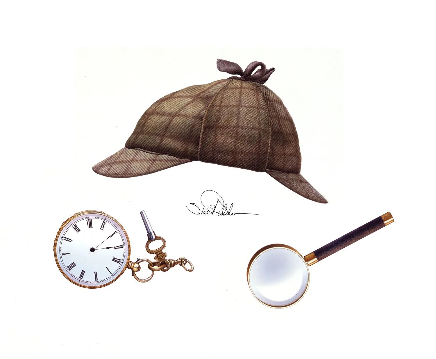 Watercolor dry brush paintings of Sherlock Holmes accessories, a detective cloth hat, a stopwatch and a magnifying glass.