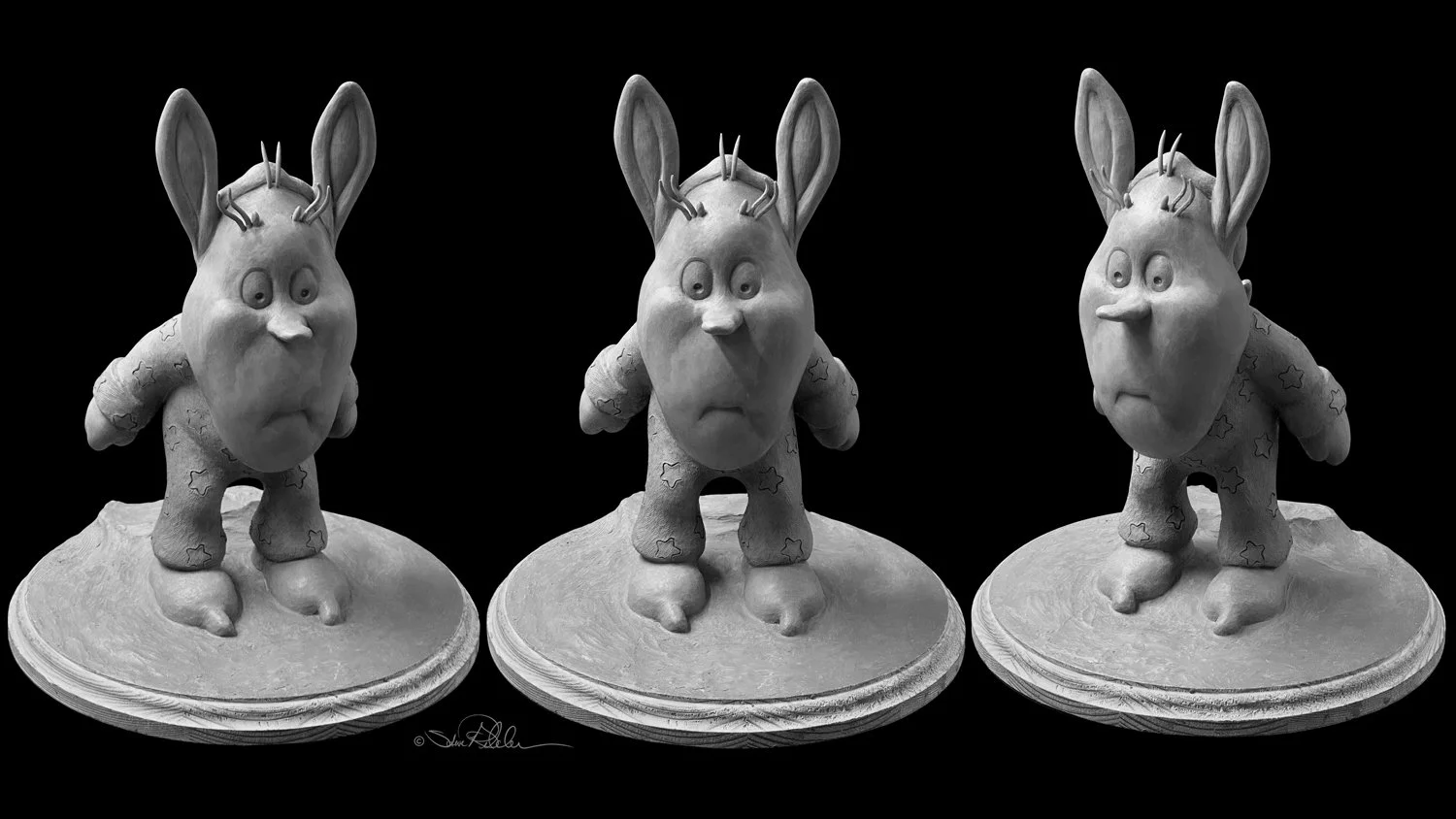 Sculpture in grey clay in three angles of young long eared, baby faced character named “Grog” from the book “Norbert Nipkin.