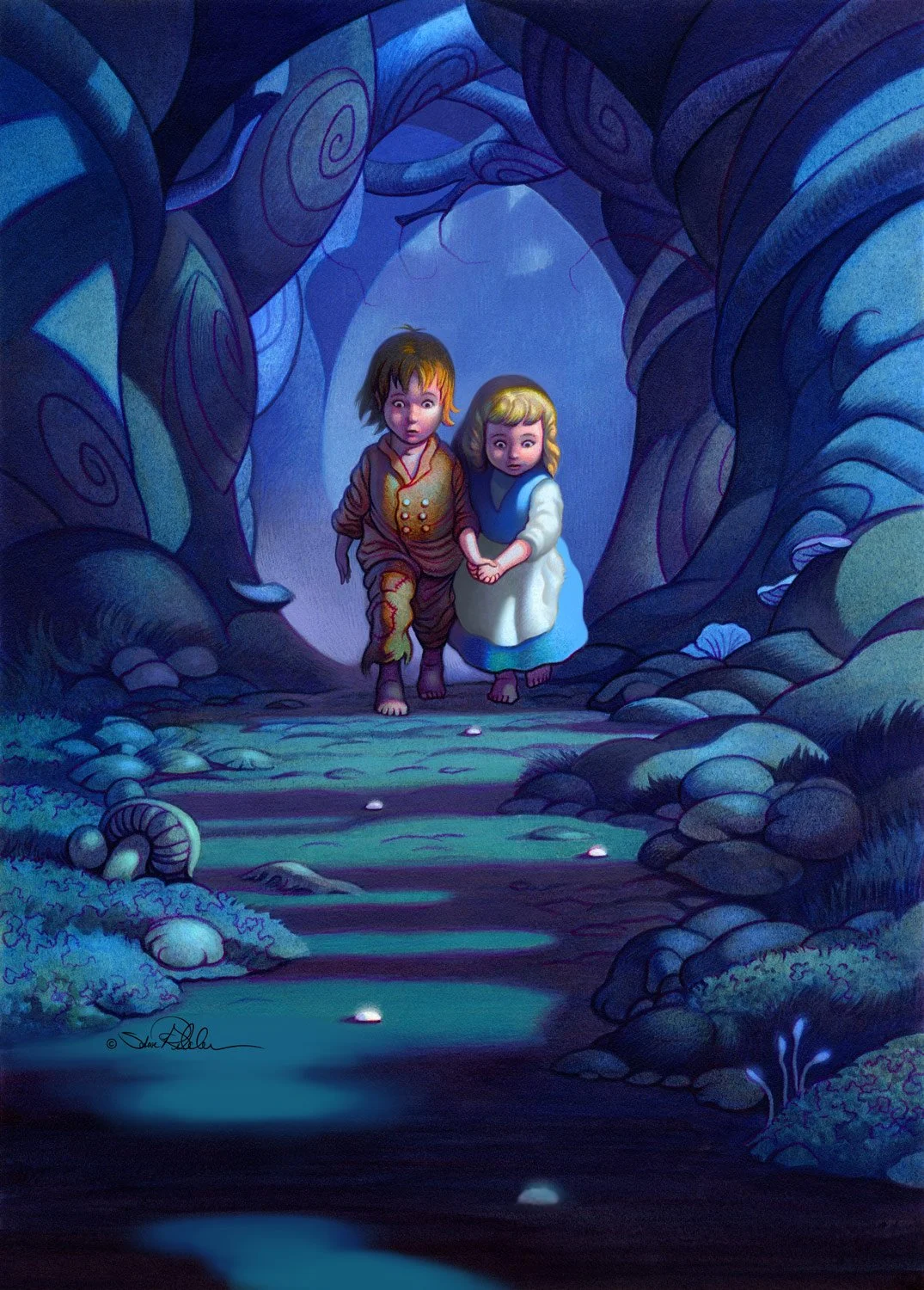 Acrylic painting of a boy and girl holding hands walking down the path following white breadcrumbs in a dark forest setting at night from the book Hansel and Gretel.