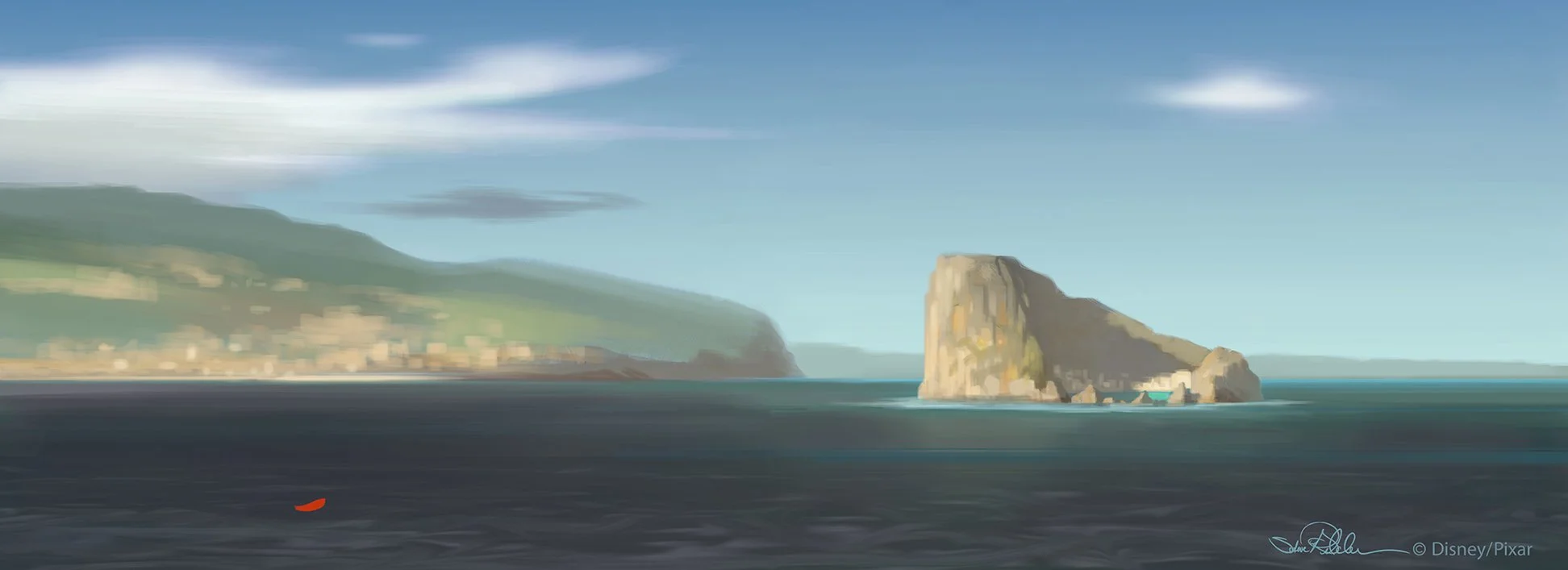 Digital concept painting of fictional offshore island with approaching red boat, for the film Luca.