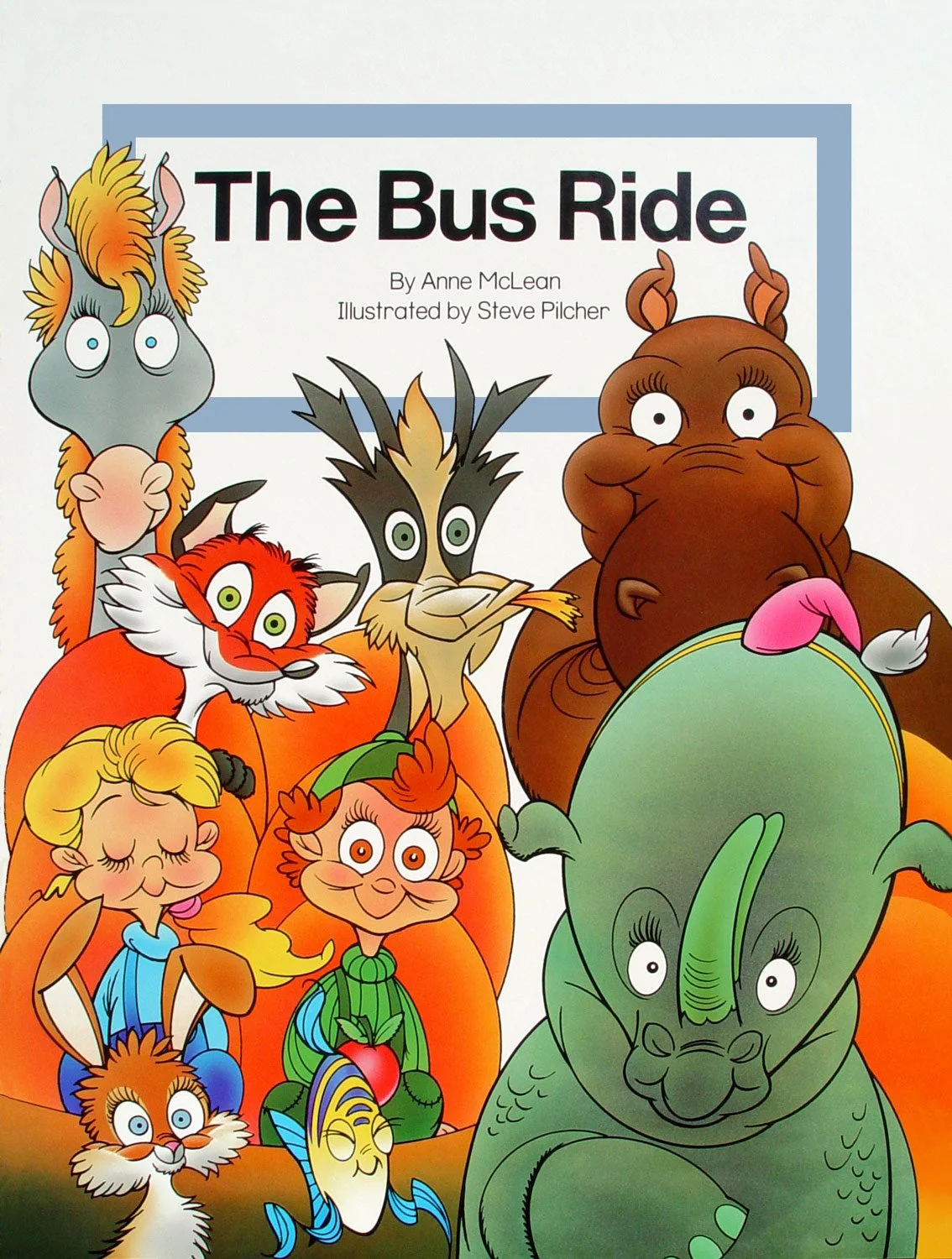 Book cover titled “The Bus Ride” with various colorful, cartoon styled animals including a boy and girl sitting in a bus with orange colored seats.