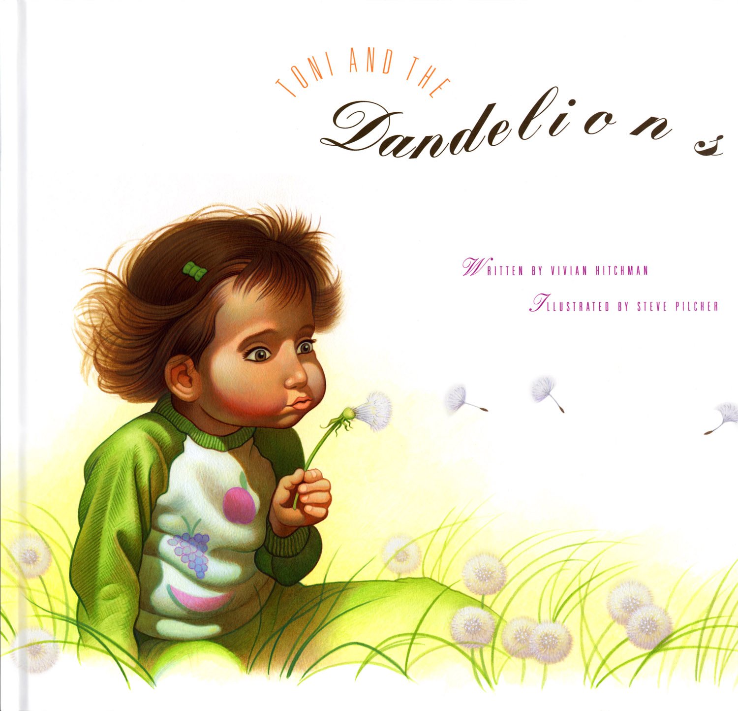 Book cover titled “Toni and the Dandelions” of girl with brown hair in a green and white top blowing dandelion seeds against a white background.
