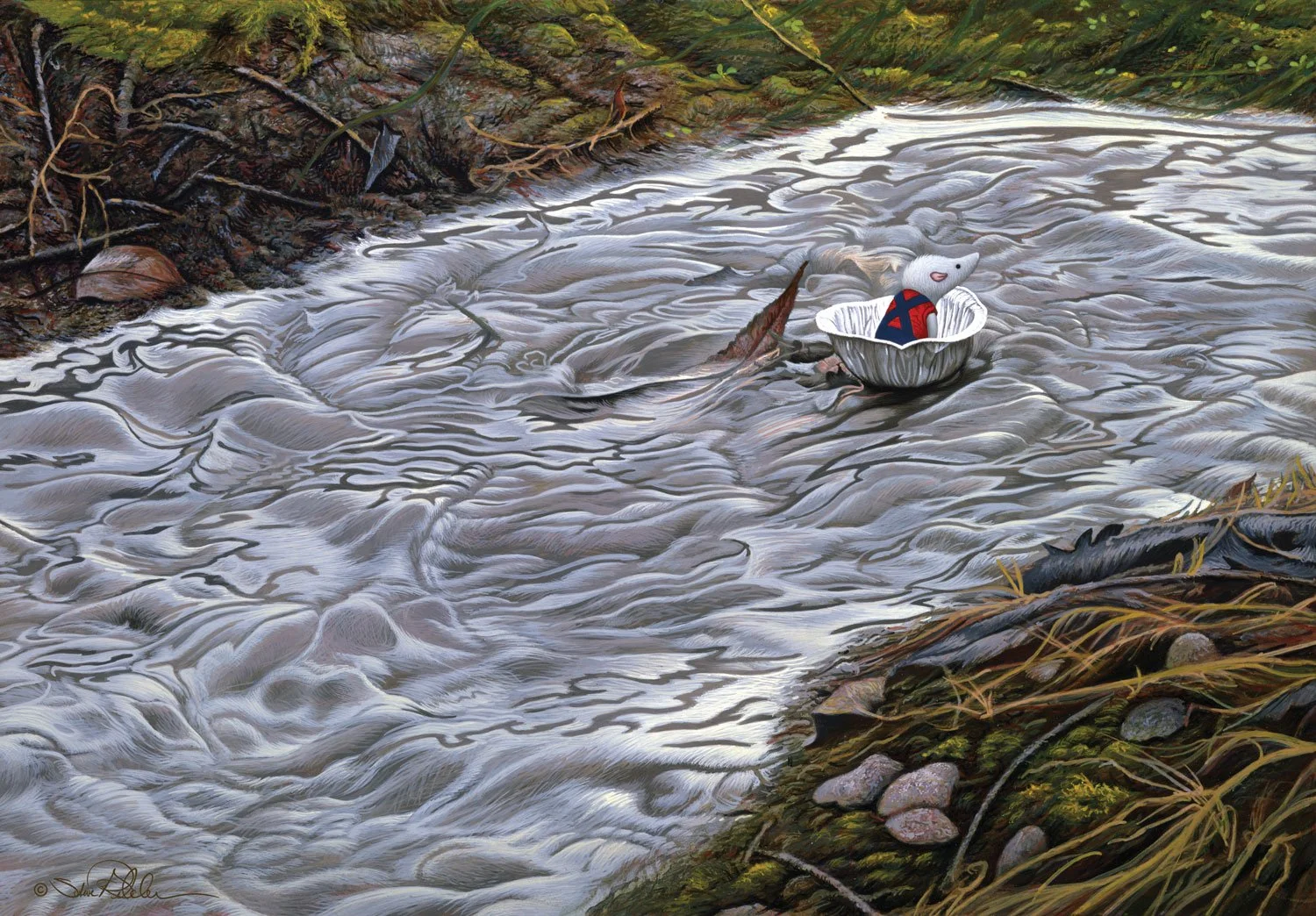 Acrylic painting of a tiny grey shrew character wearing a red and blue jump suit sitting inside a small butter tart tin boat floating in a grey creek of rushing water, from the book titled “Over There.”