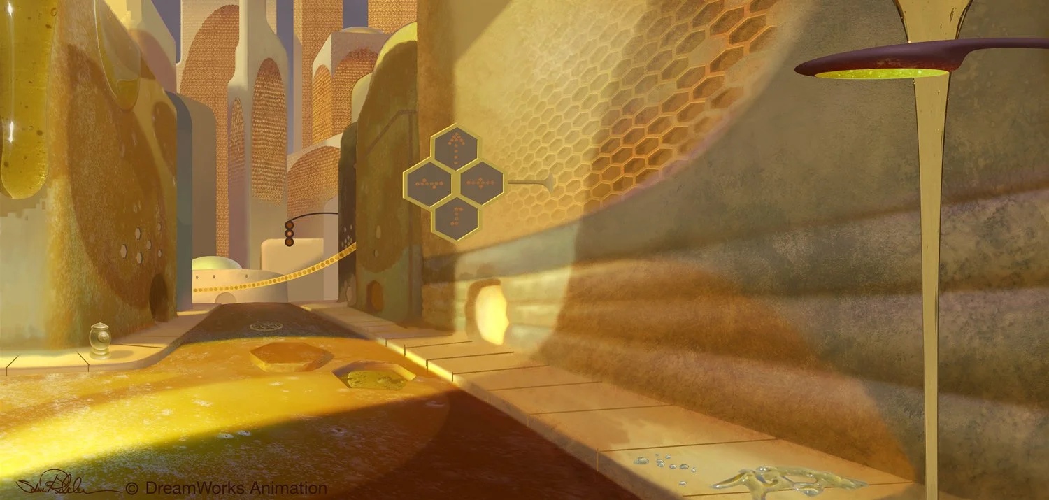 Digital concept painting of a beehive street scene, with buildings made of wax covered in honey, in tones of honey yellows, for the film Bee Movie.