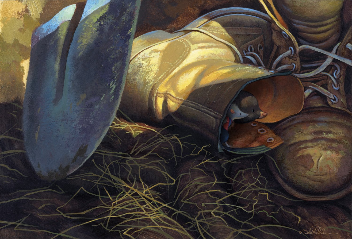 Acrylic painting of a tiny grey shrew character and mole character hiding inside an orange-brown work boot with a large grey blue shovel tip surrounded by dead grass and mud.