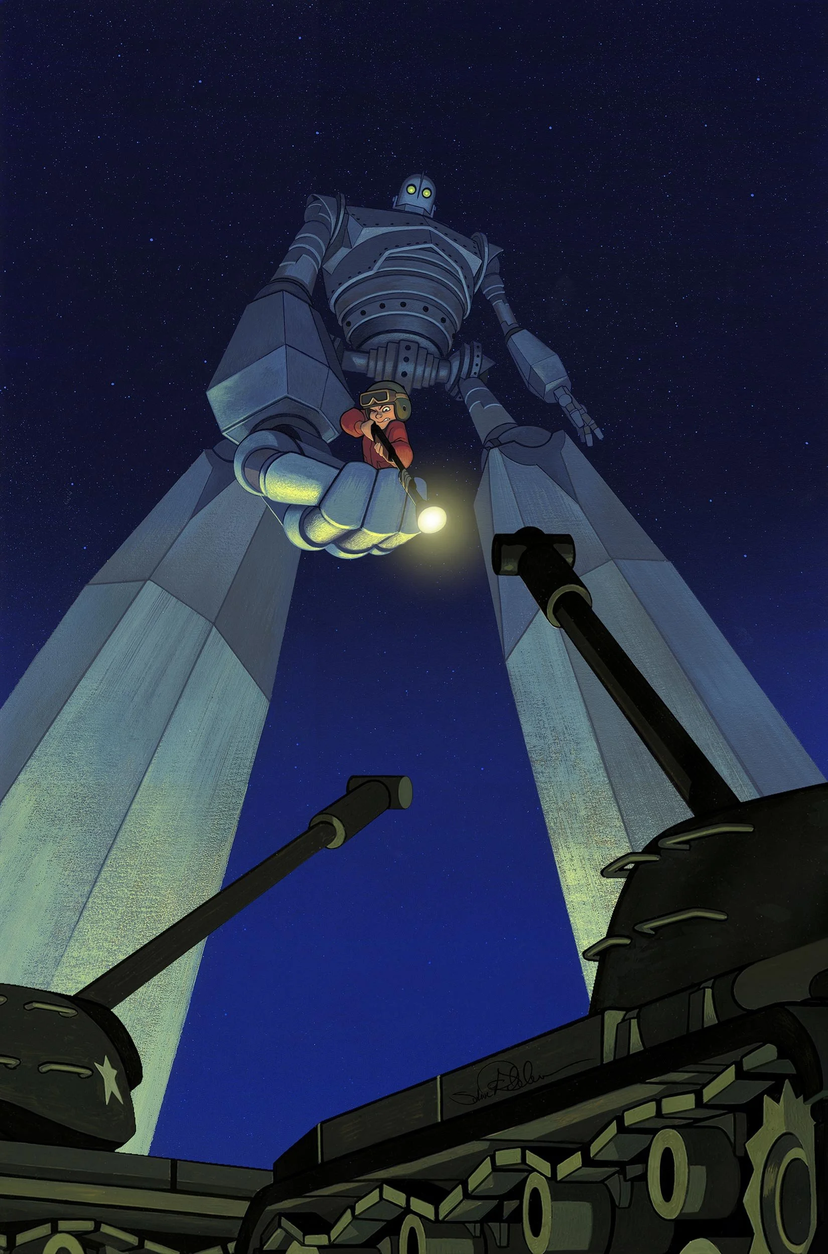 Acrylic painting concept art of Iron Giant holding Hogarth in his hand, confronting tanks with his flashlight toy gun for the movie The Iron Giant.