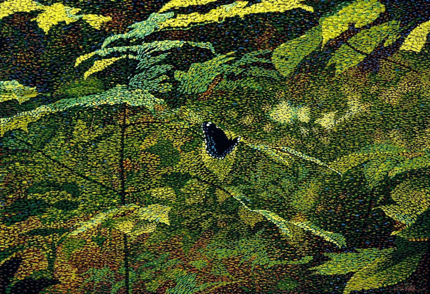 A pastel painting of a black swallowtail butterfly sitting on a leaf in a leafy, green and orange forest setting. Painted in an impressionistic, pointillist style on black paper.