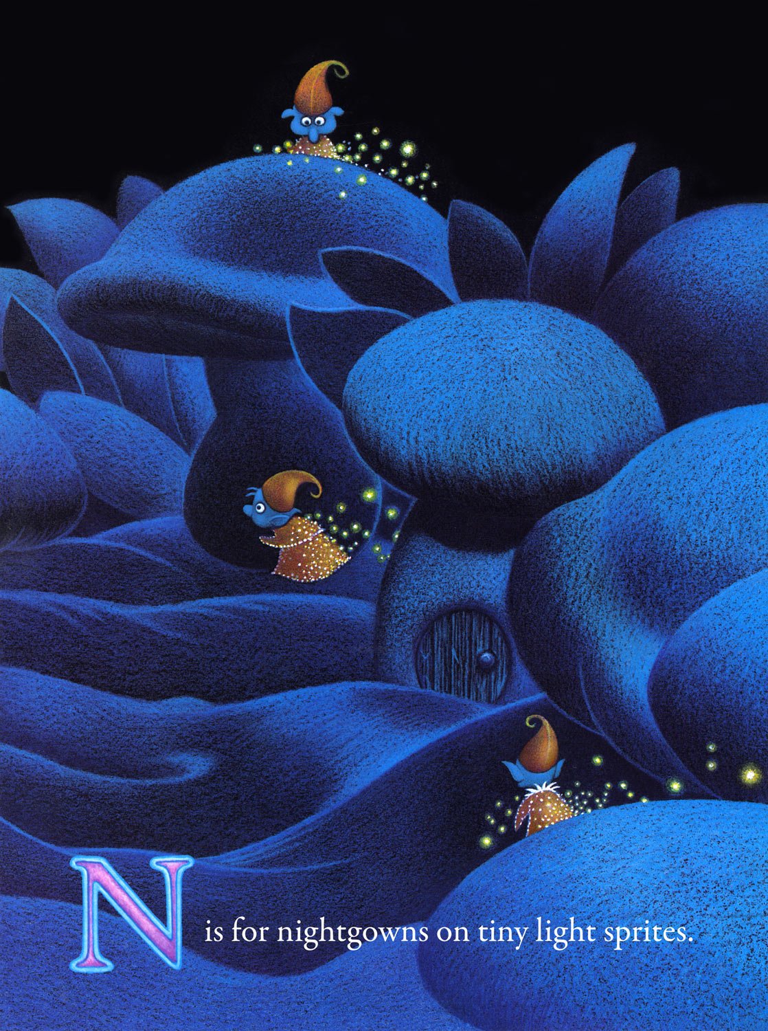 Sample page from the book “Elfabit.” Colored pencil and gouache painting of Night Sprites playing hide and seek among mushroom homes wearing sparkling pink orange nightgowns in a dark blue night time color palette.