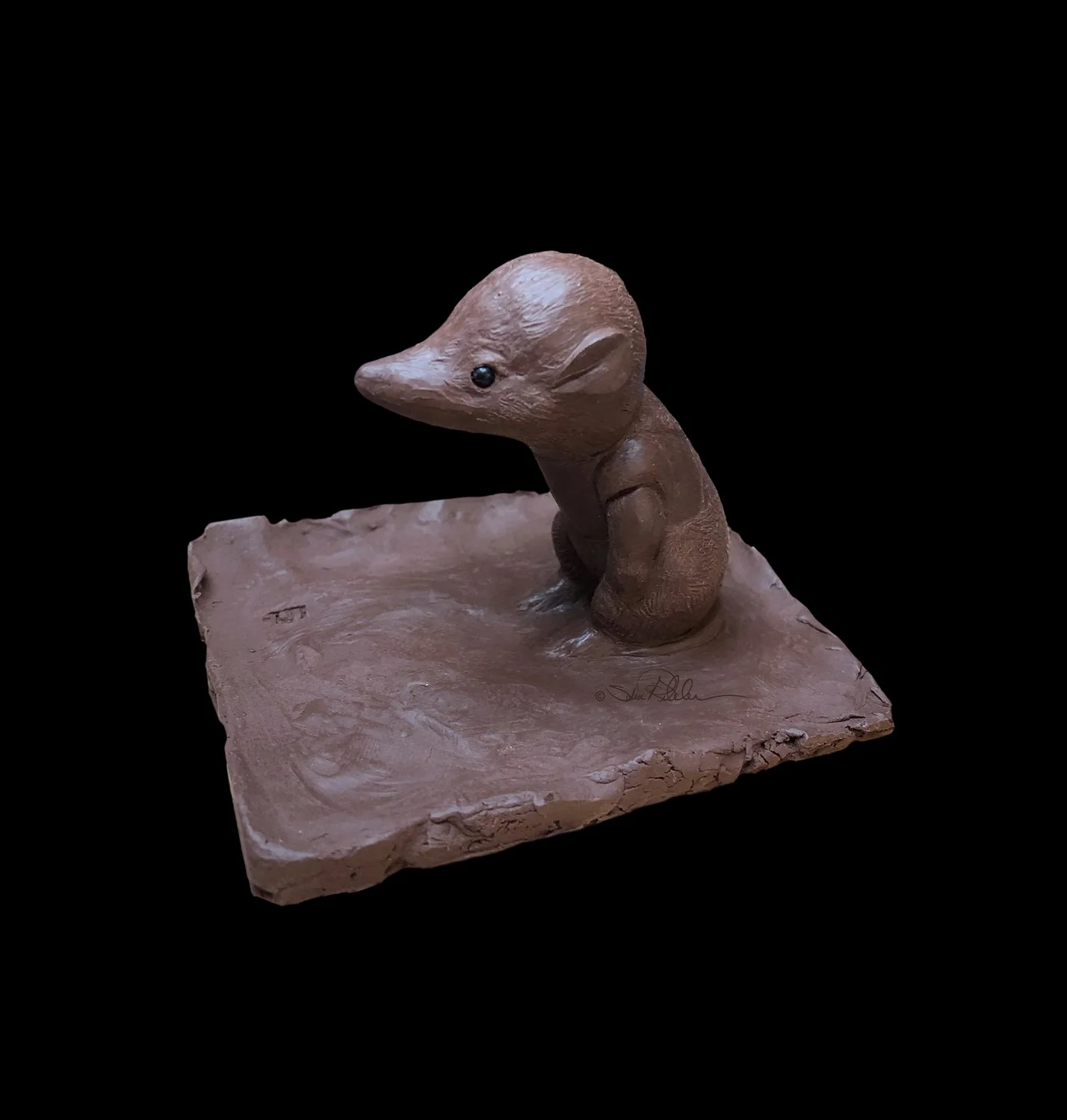 Sculpture in brown clay of tiny shrew character “Shredder” from the book titled “Over There.”