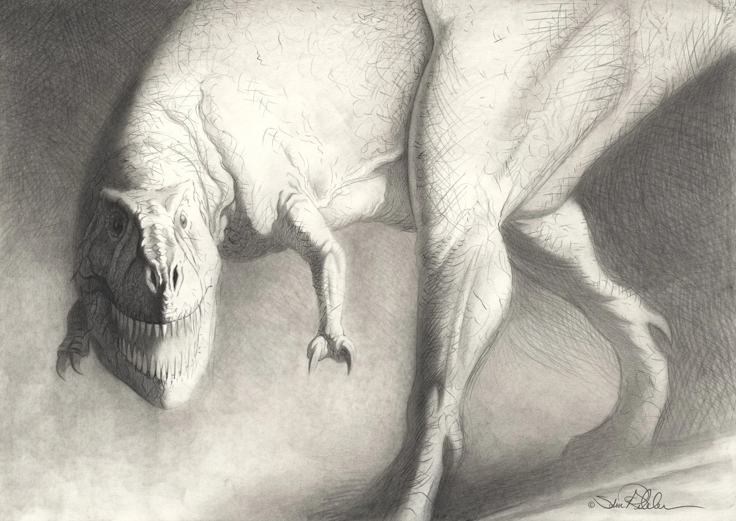 A fantasy drawing of a T-Rex dinosaur in a dusty setting in dramatic light turning towards the viewer.
