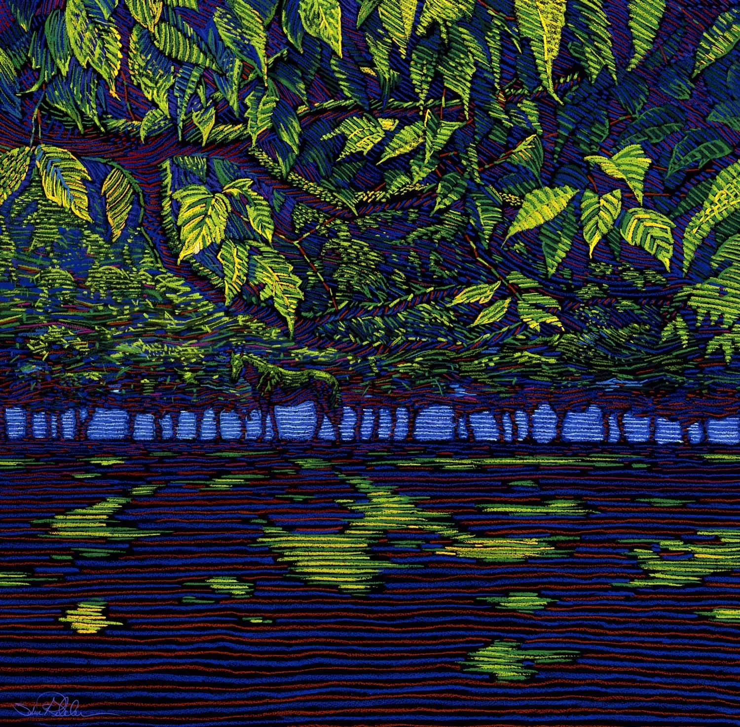 A pastel painting in greens, yellows and violet of a hidden horse standing among trees with a strip of blue sky filtered through the tree trunks and horse’s legs in an impressionistic style.