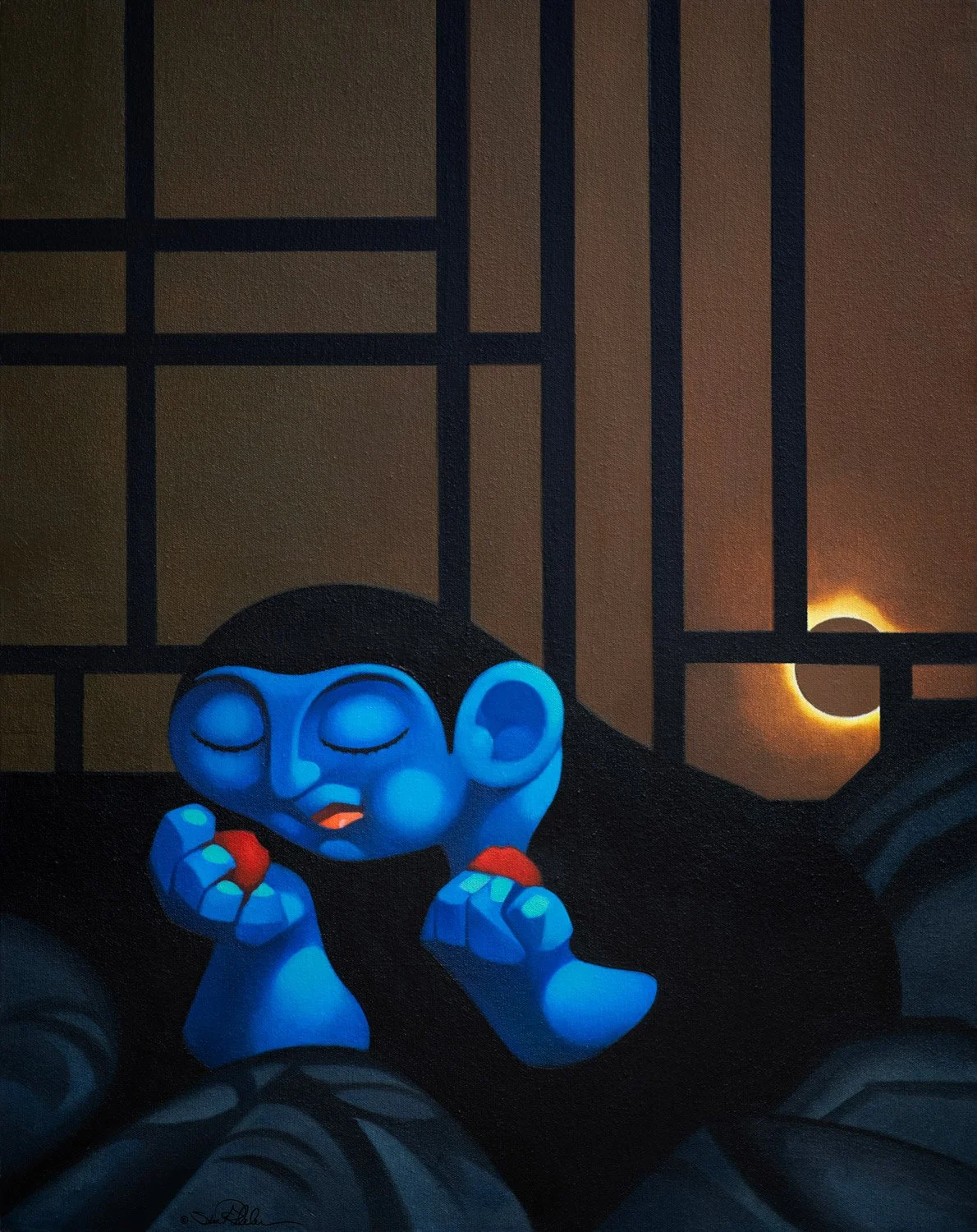 An oil fantasy painting of a blue buddha character eating a red pomegranate sitting in grey blankets inside a Japanese style window setting. Outside is a brown ominous sky with an eclipsed sun.