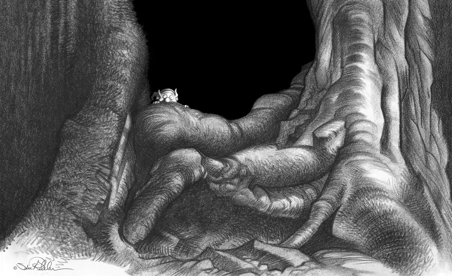 A fantasy drawing of a frightened elf staring over the edge of very large mossy tree roots with a black void background.