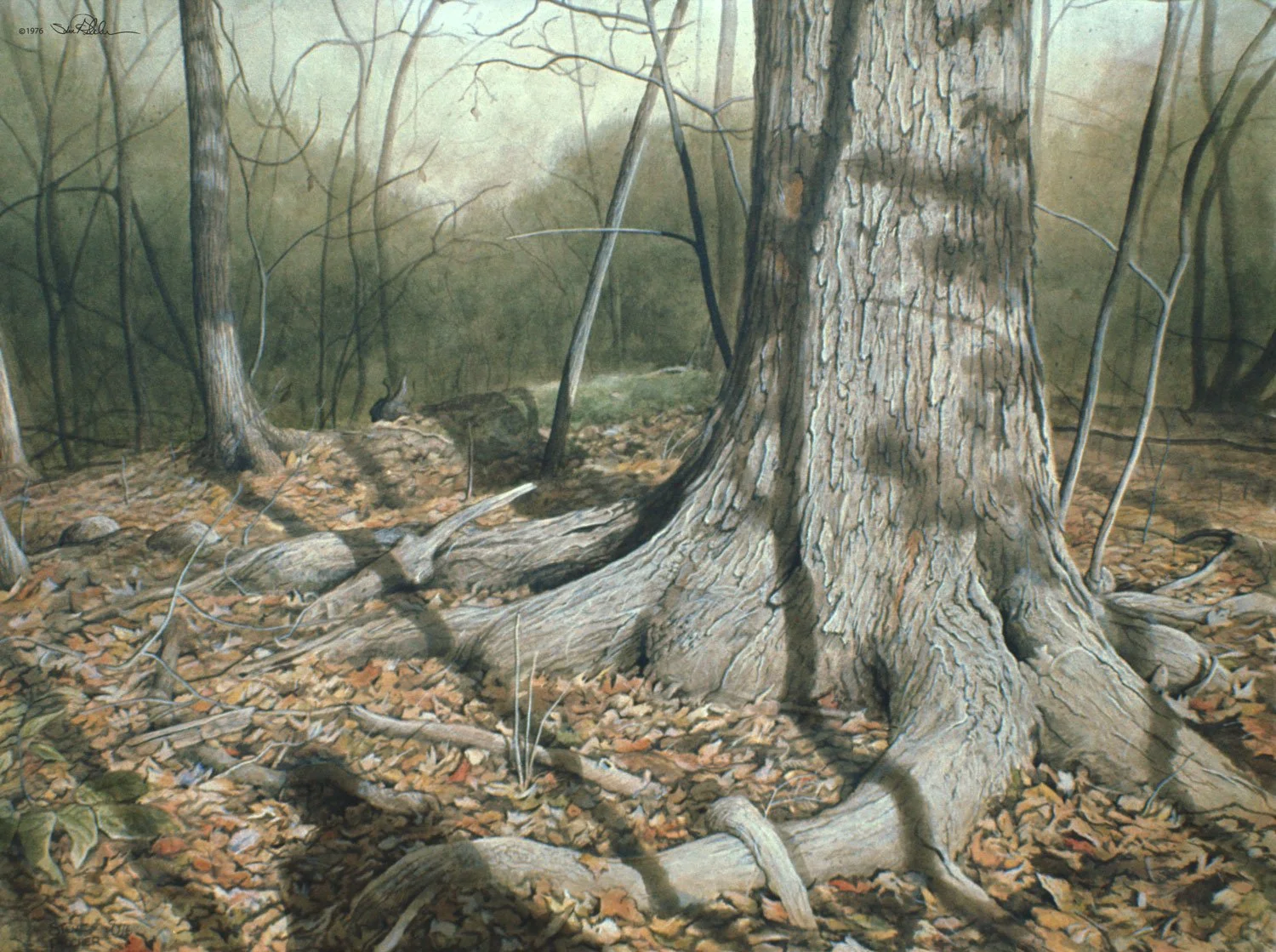 An acrylic painting of a forest in the fall with tree shadows as well as the painter’s shadow stretching across the forest floor in a somber brown and green color palette.