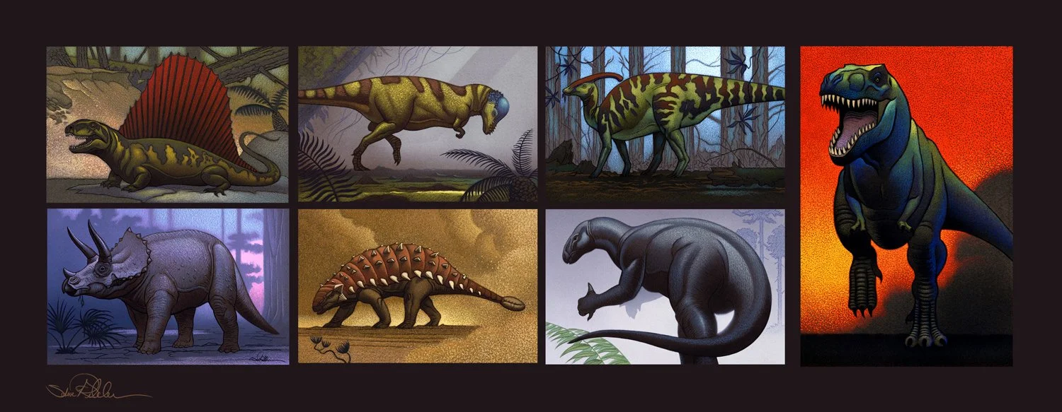 Colored pencil and gouache paintings of various dinosaurs in a variety of settings. T-Rex on a red background, triceratops grazing in a forest with a pink sunset.