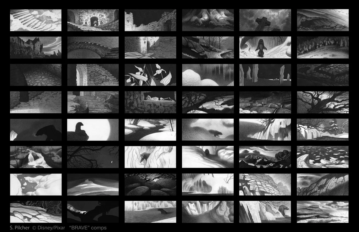 Pencil and marker concept art of various black and white compositions of Scottish castle, forest and winter landscape with Mom black bear, in the style of the film Brave.