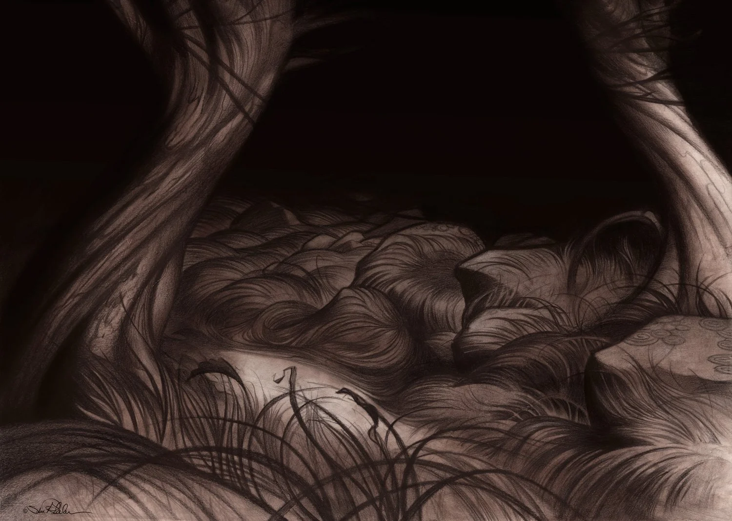 A fantasy brown colored pencil drawing of a stream in a moody dark forest setting.