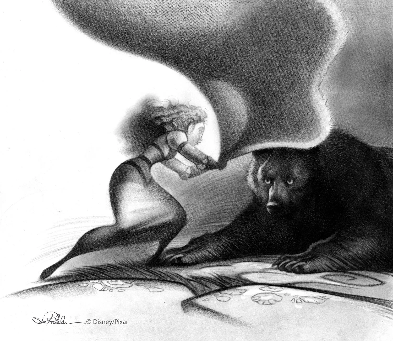 Pencil drawing of Merida covering Mom bear with a blanket in the style of the film Brave.