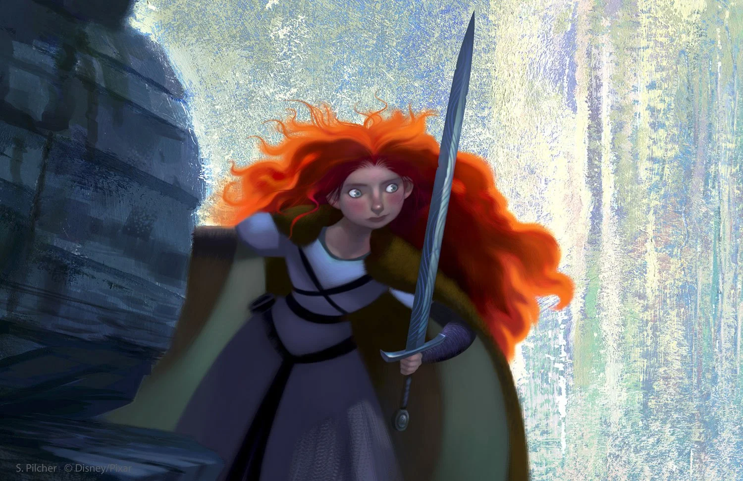 Acrylic and digital painting of Merida entering a cave while holding a sword with an icy snow background in the style of the film Brave.