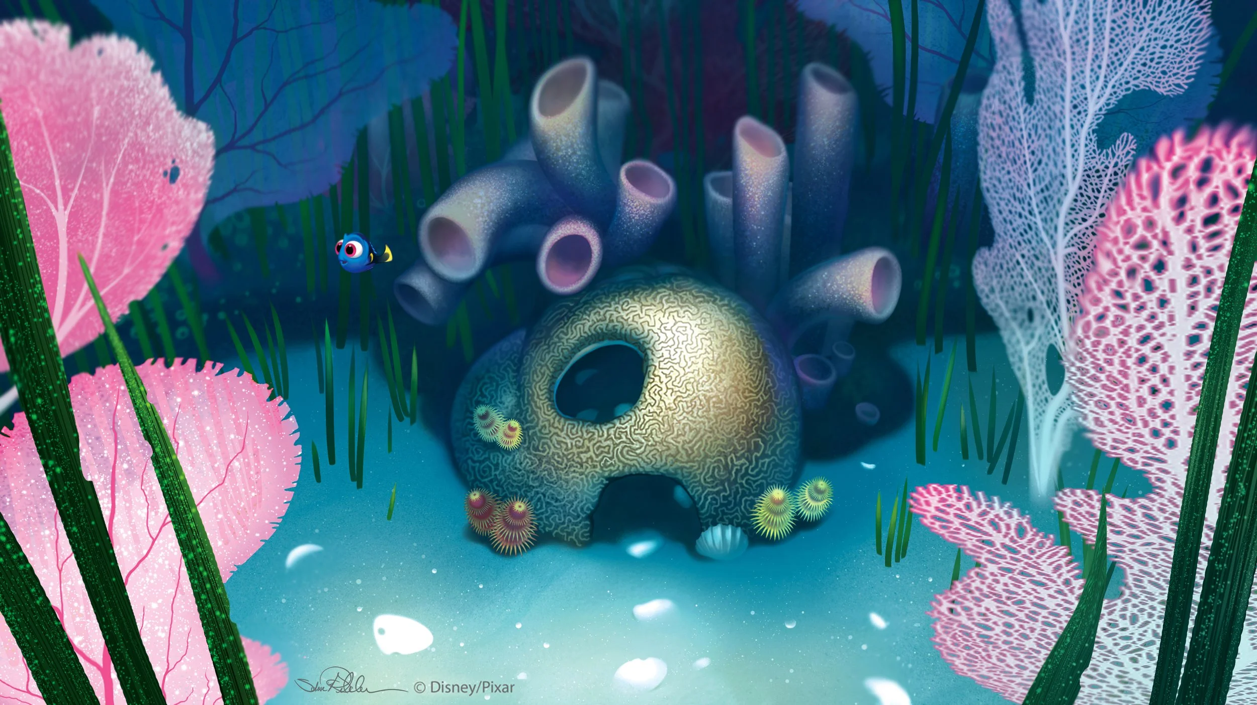 Digital concept art of baby Dory near coral home surrounded by tubular coral and pink sea fans on sandy sea floor for the film Finding Dory.