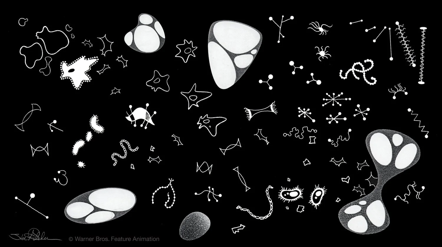 Black and white conceptual art of various microbial shapes and designs, in the style of the film Osmosis Jones.