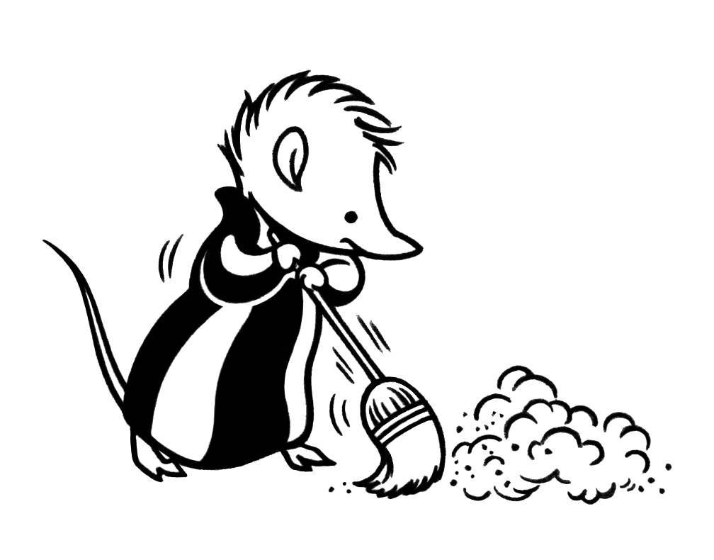 Line drawing of a tiny shrew sweeping a dusty floor.