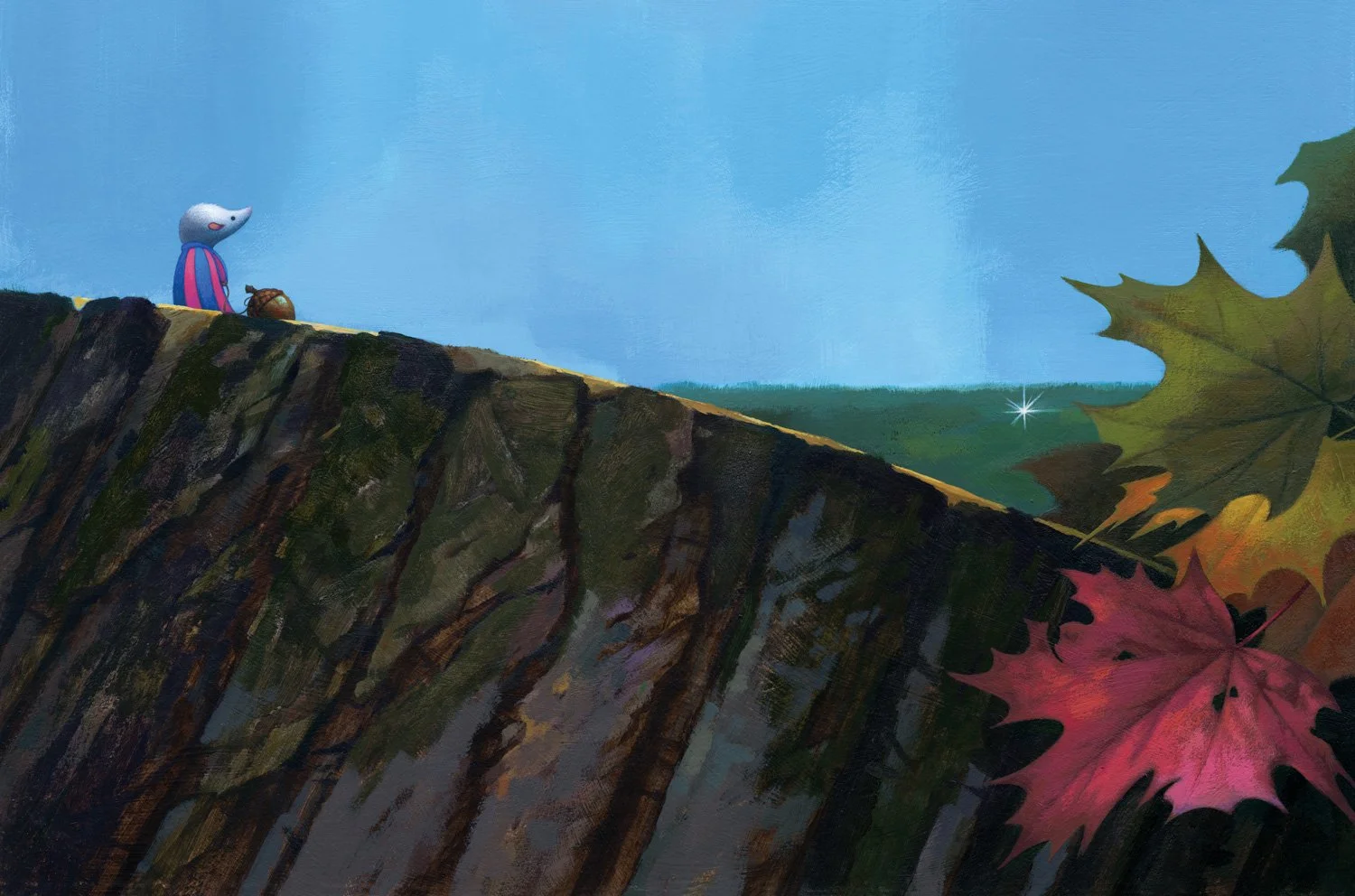 Acrylic painting of a tiny grey shrew character wearing a striped pink and blue coat perched on the top of a large cut tree stump flanked by red maple leaves looking out to a blue sky and green grass, from the book titled “Over There.”