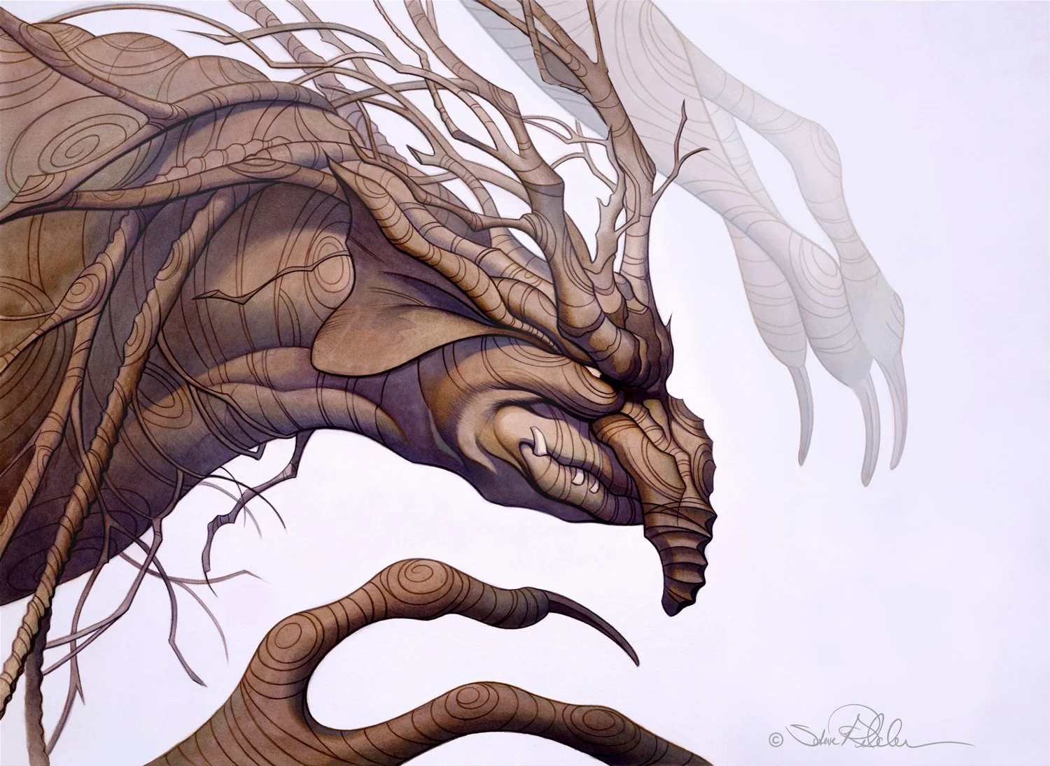 An acrylic fantasy painting of a brown tree-troll lurching forward in a white mist.
