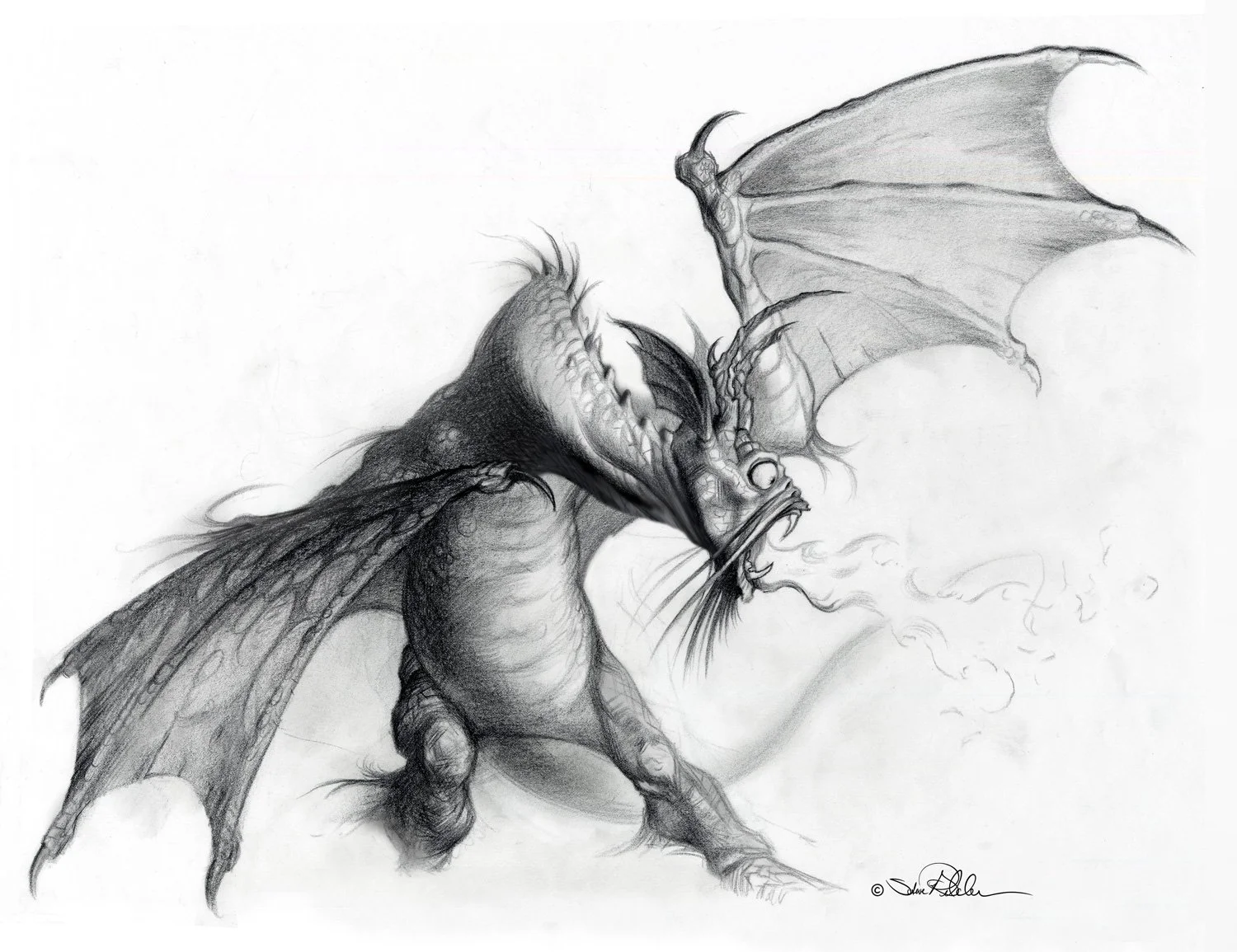 A fantasy pencil drawing of a Jabberwocky creature, snarling with arms raised.