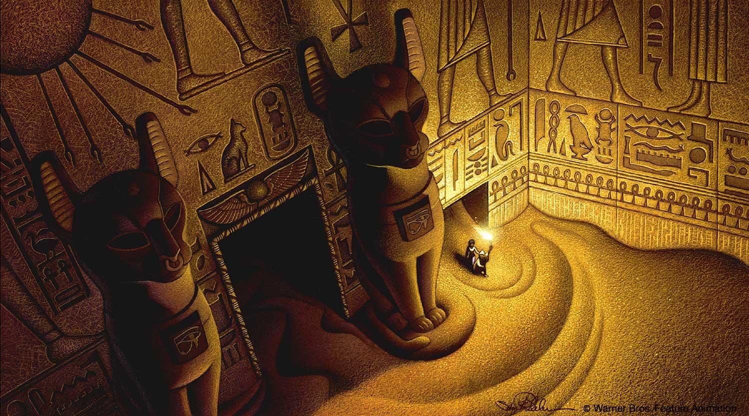 Colored pencil and gouache painting, concept art of characters carrying a torch entering an Egyptian cat temple in yellow and ochre colors, for an Egyptian themed film.