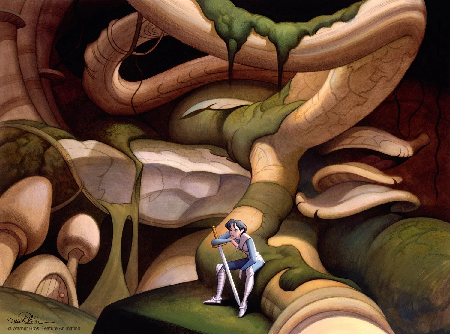 Acrylic concept painting of female warrior in blue armor, resting against tree roots, surrounded by mushrooms, toadstools and moss in a giant fantasy forest in earth tones, for the film Quest for Camelot.
