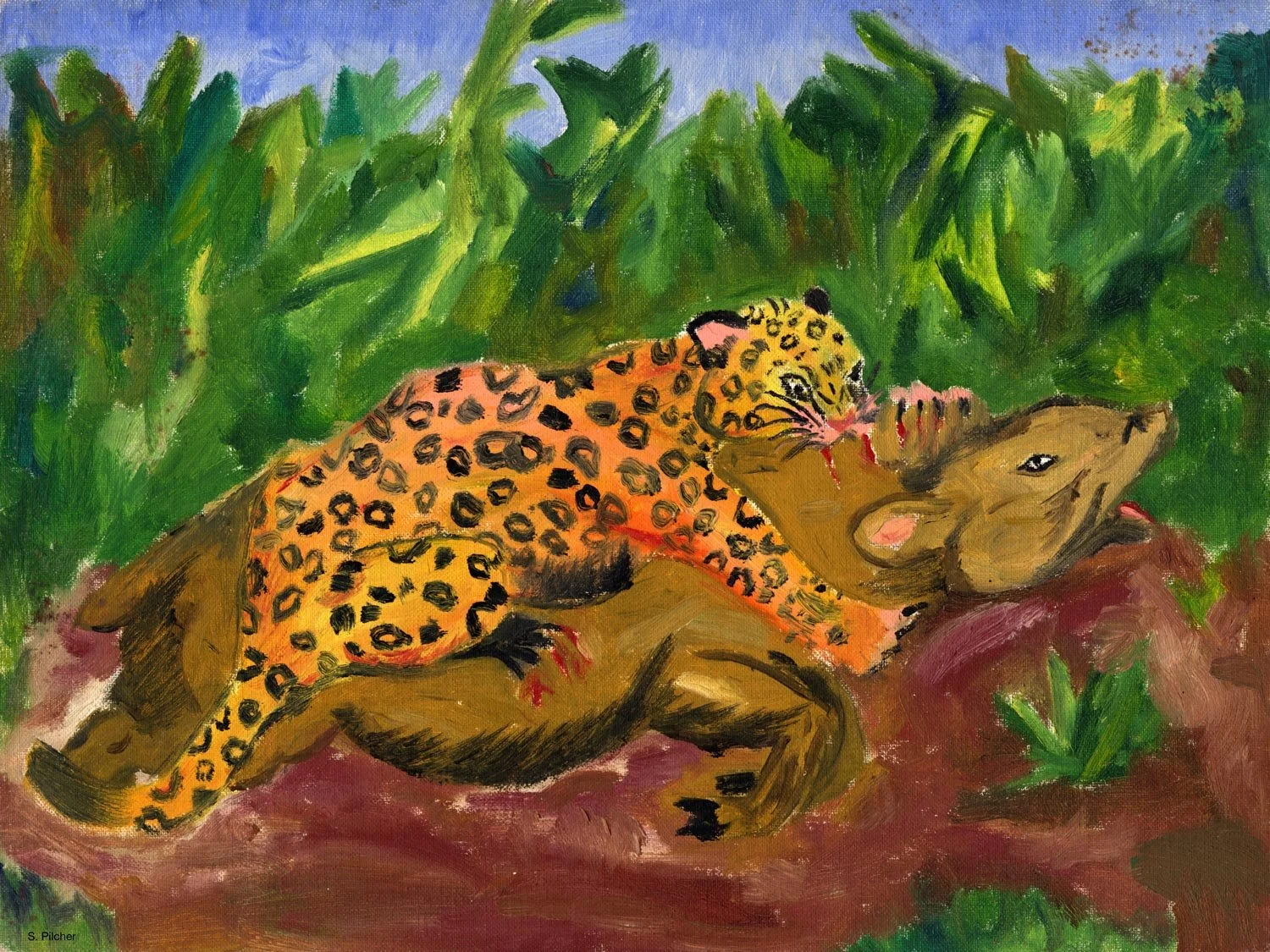 An oil painting of a jaguar attacking a tapir in a green jungle with a blue sky by Steve Pilcher at 8 years of age.