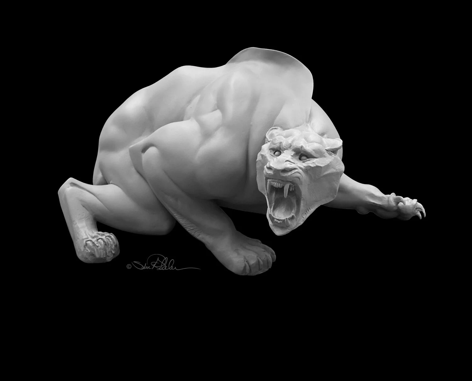 Sculpture in grey epoxy resin of a bear-cat creature snarling with bared fangs in a crouched strike defense pose