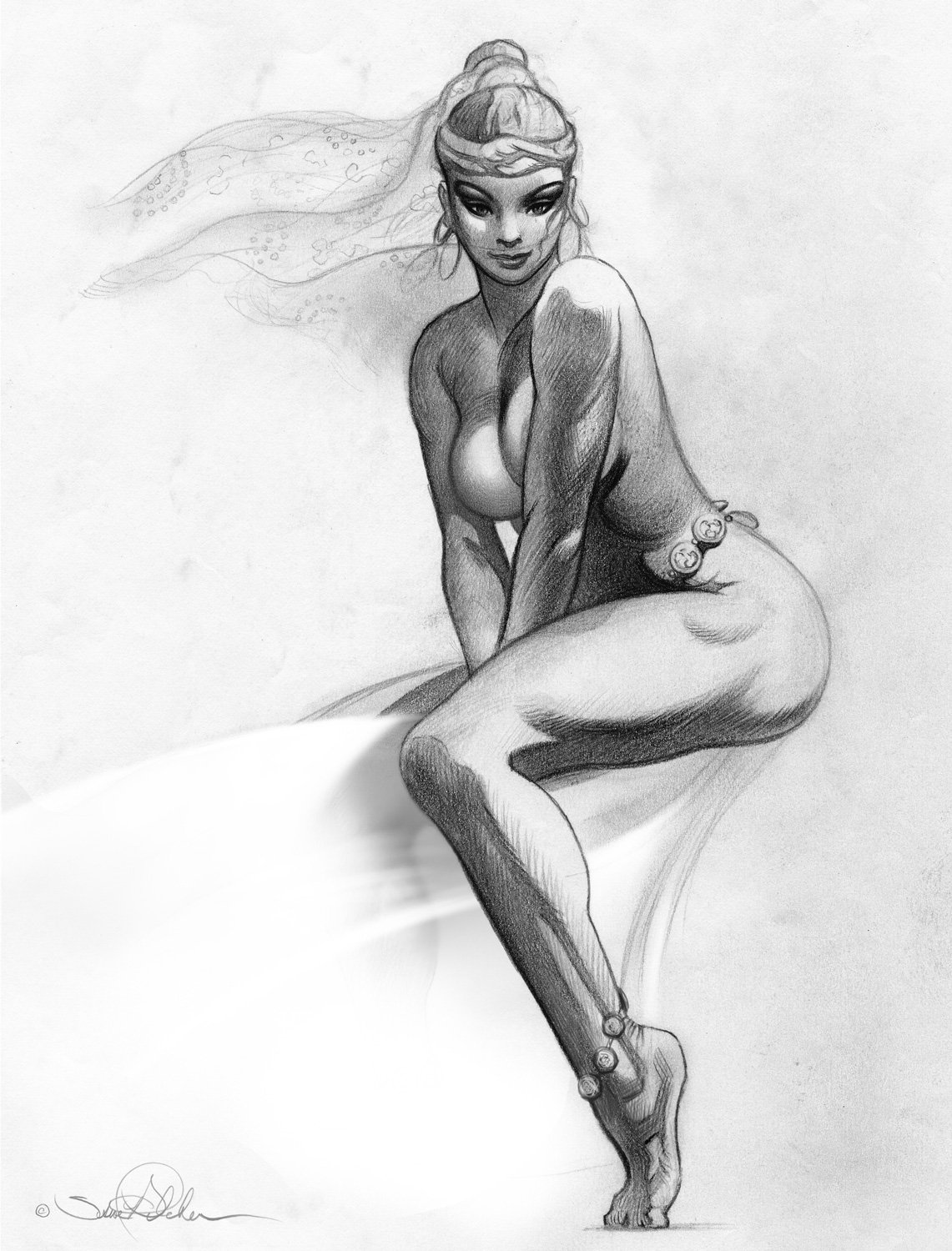 A pencil fantasy drawing of a Harem dancer posed mid-dance.