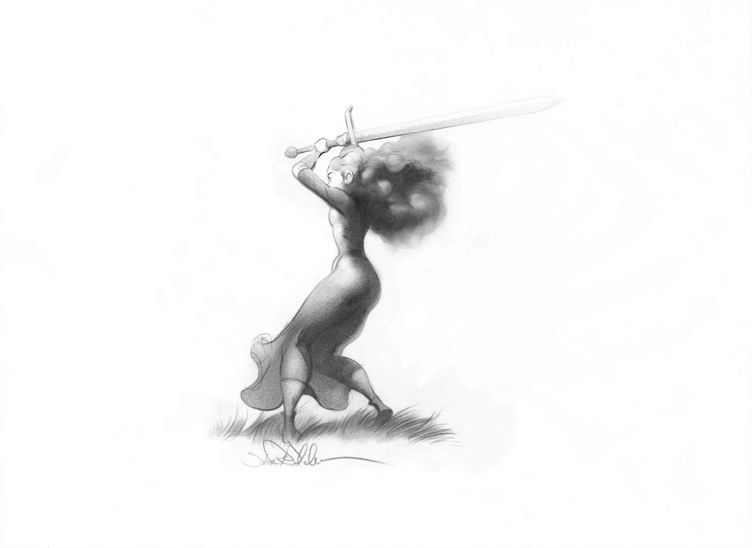 A pencil fantasy vignette drawing of a long haired young woman warrior swinging a sword overhead in a grassy field in dramatic light.