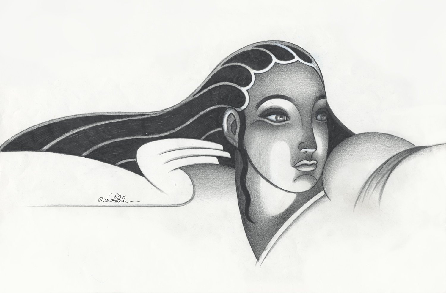A pencil fantasy sketch of the Greek goddess “Artemis” drawing her bow in a graphic art nouveau influenced style.