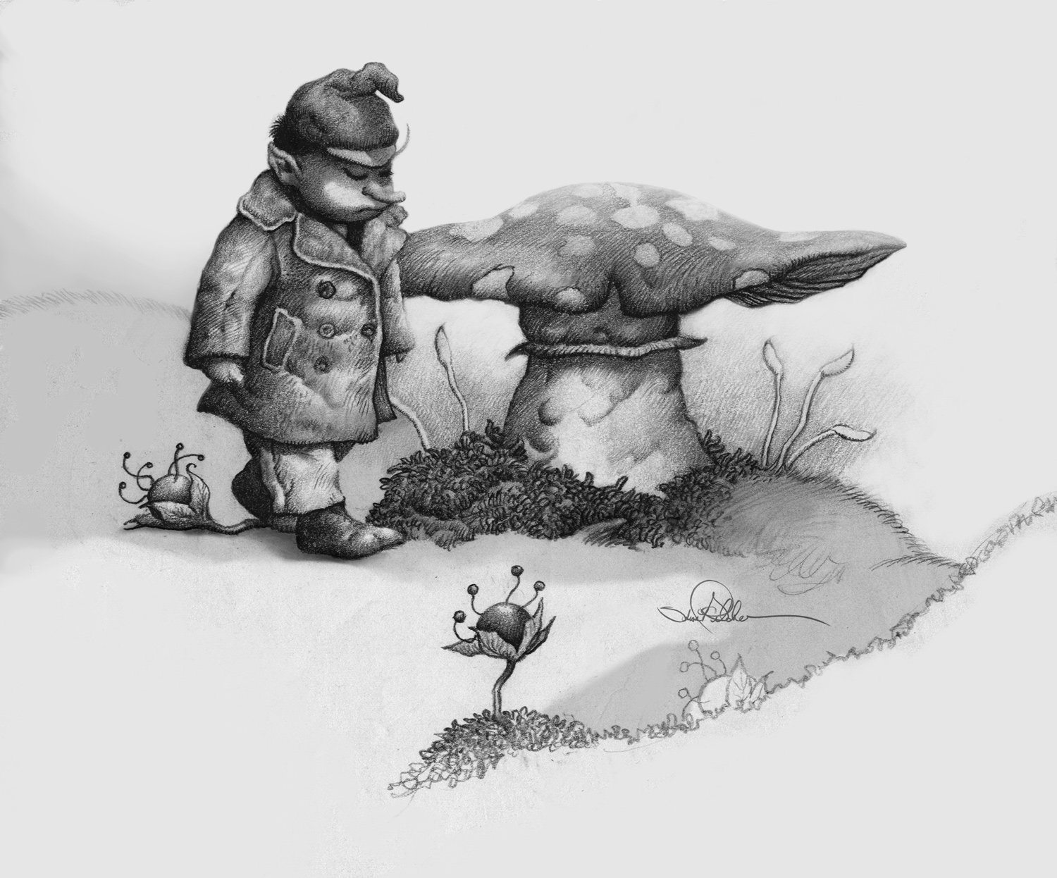 A fantasy drawing of an elf deep in thought in a warm coat and hat walking by a large mushroom.